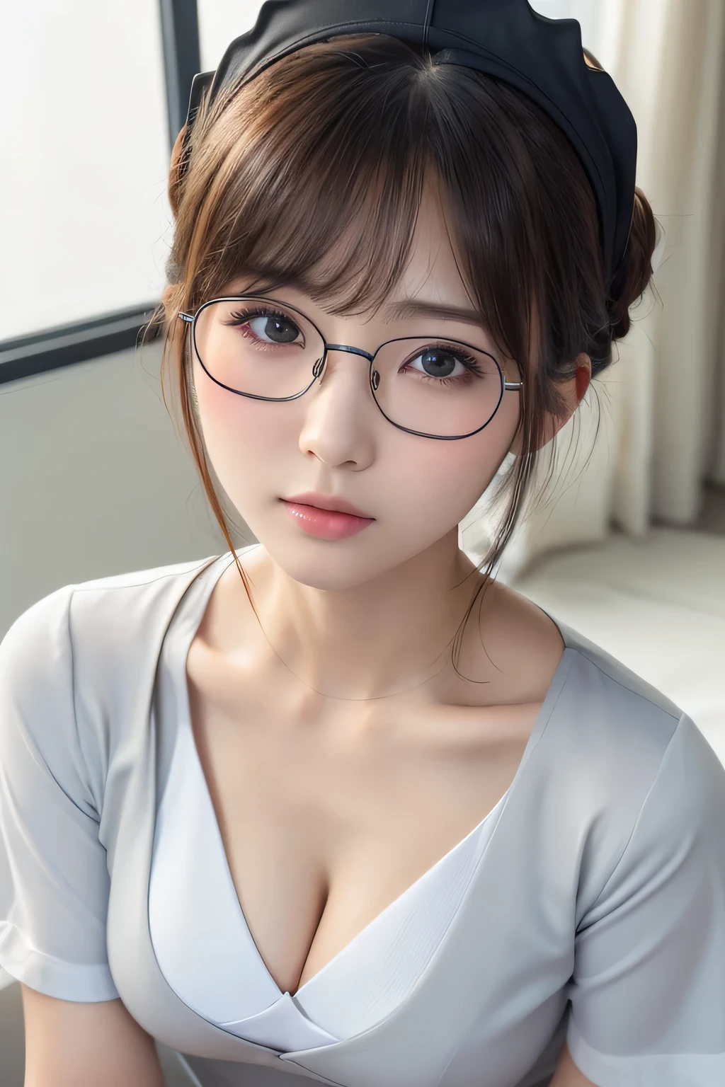 (1 Girl)、(Beautiful Japanese、24years old,round face、Refreshing、clear、seems kind、stylish、Pitiful、cute like an angel、cute、black eyes、,actress,Almond-shaped eyes,Translucent white skin、Beautiful skin), Good style , (Beautiful big breasts:1.2),(soft breasts),(very cute),{(Broun hair),(updo),(Bangs is deep side part),(tendrils)},(enchanting eyes),(highlight on eyes:1.2)、(rimless glasses),(8K、Live shooting、highest quality、masterpiece:1.2、optimal lighting)、((masterpiece)),(Photo taken by a professional photographer),(real、photo real:1.4),break,{ (White nurse costume),(((taraditional nurse uniform))),,{(White nurse tight pants)},(cleavage:1.2)},( Serious face),(cheeks are red:1.2), break, break,Old  hospital,Face shot:1.3、looking at viewer, face close-up,Looking up、sitting、