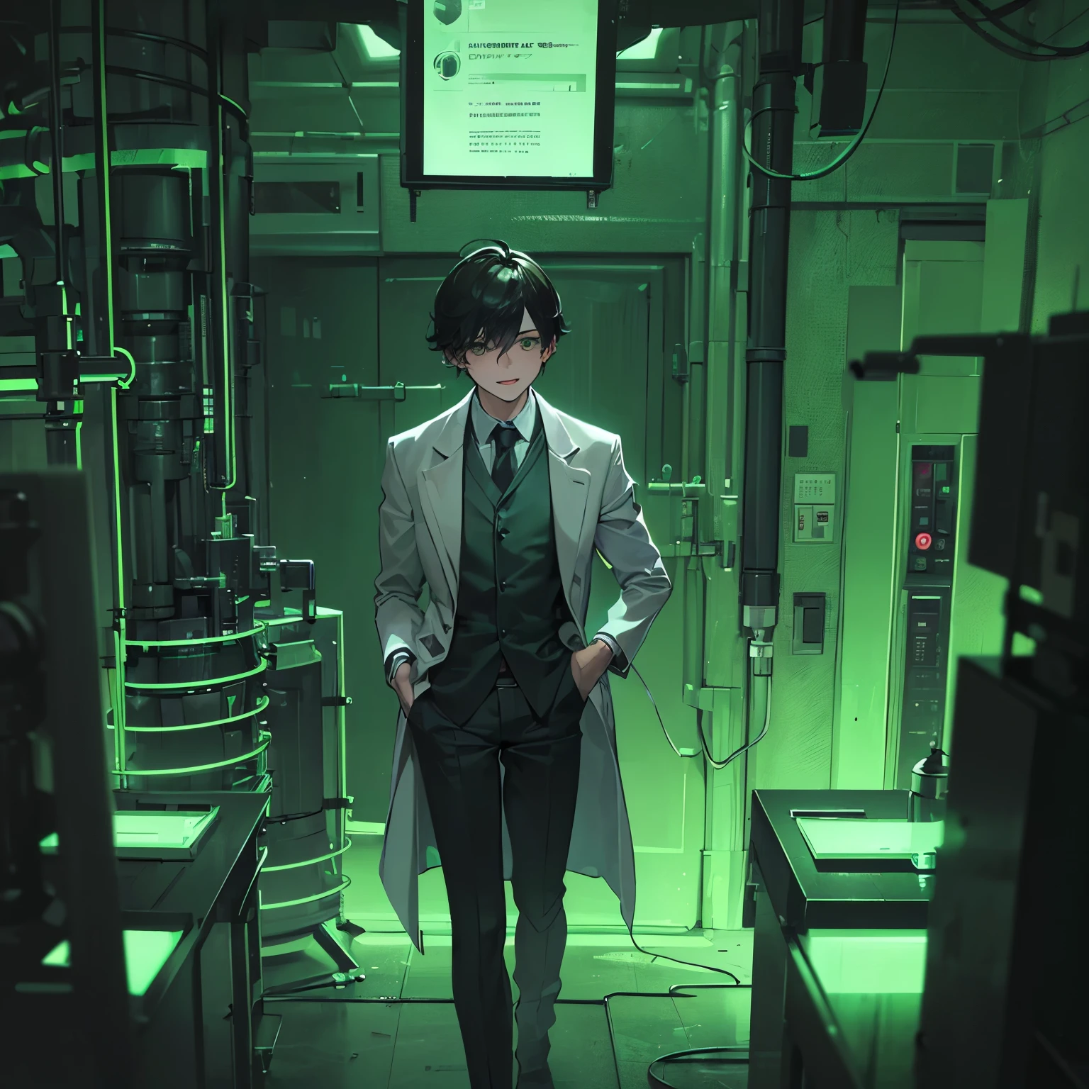 (best quality,highres,ultra-detailed,realistic:1.37),boy in labcoat, happy, dark laboratory, dim lighting, eerie atmosphere, greenish color tone