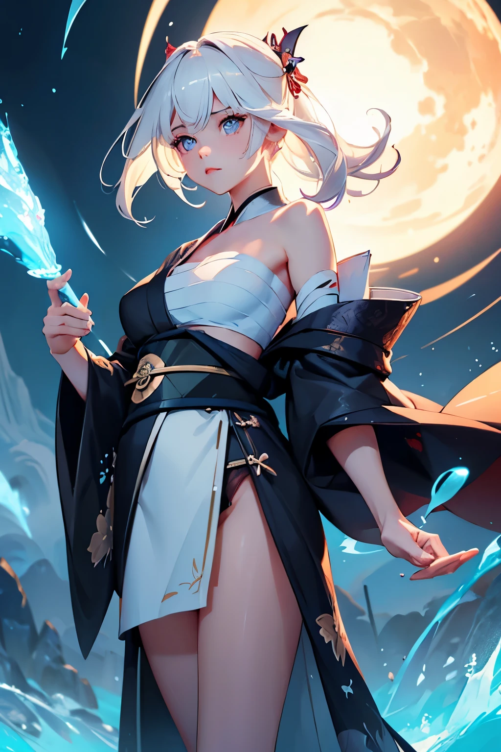 (masterpiece, best quality, dutch angle)(1girl, solo)(white hair,Lapis Lazuli Eyes,Straight long hair)(sarashi,japanese clothes,one shoulder、Wear one kimono:1.4、Black long kimono、One shoulder exposed)(Serious expression, Woman holding a sword:1.3、floating hair)(Japan Mansion、Mystical Night、Particles of light float around the woman、Fantastic atmosphere)
