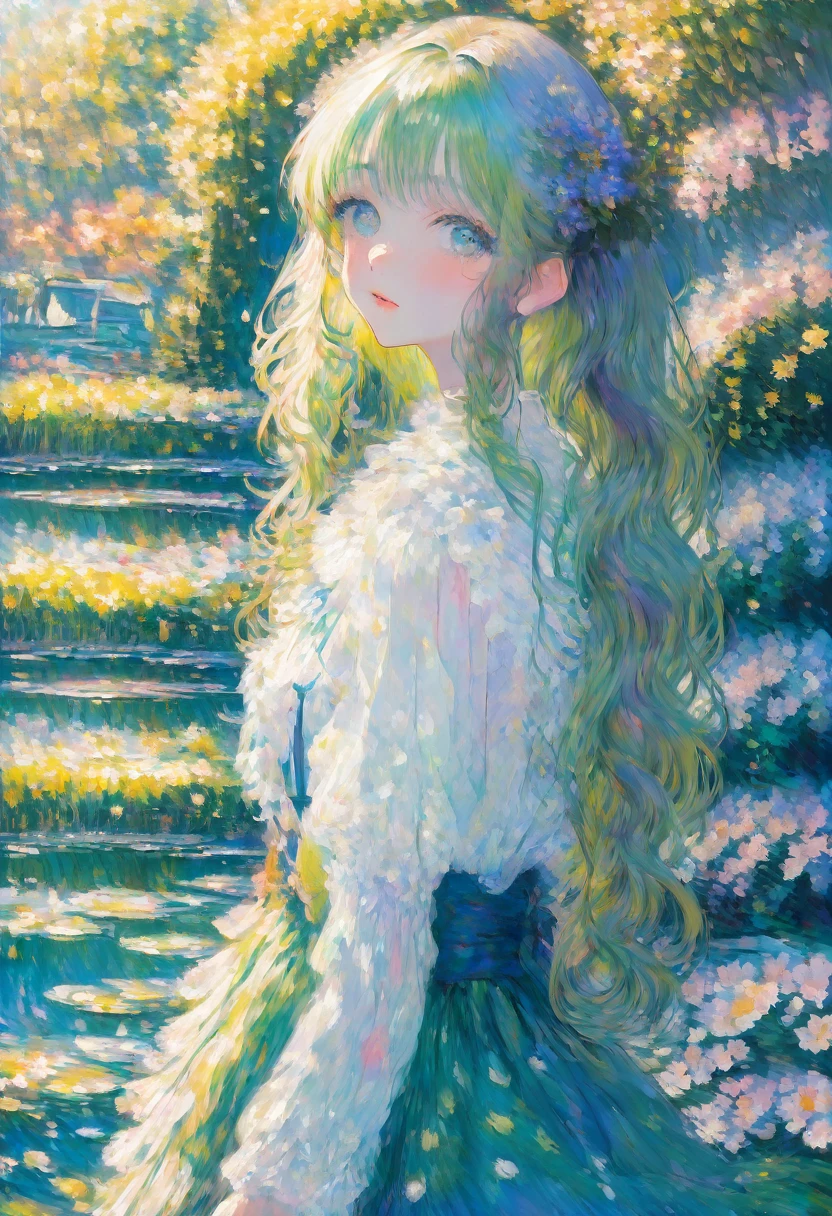Claude Monet Style, A peaceful garden scene in the style of Claude Monet, with vibrant colors and soft brushstrokes. It features a beautiful girl sitting on a bench surrounded by blooming flowers and lush greenery. Her face, detailed and delicately painted, showcases her serene expression and sparkling eyes. The sunlight filters through the foliage, creating a dappled effect on the ground. The garden is filled with various kinds of flowers, including roses, lilies, and sunflowers, each painted with intricate details that highlight their texture and natural beauty. In the distance, a pond can be seen, reflecting the vibrant colors of the garden and the clear blue sky above. The water lilies on the pond are painted with meticulous attention to detail, capturing their delicate petals and the ripples they create on the water's surface. The overall image is of the highest quality, with ultra-detailed brushwork and sharp focus, providing a masterpiece that truly captures the essence of Claude Monet's signature style.