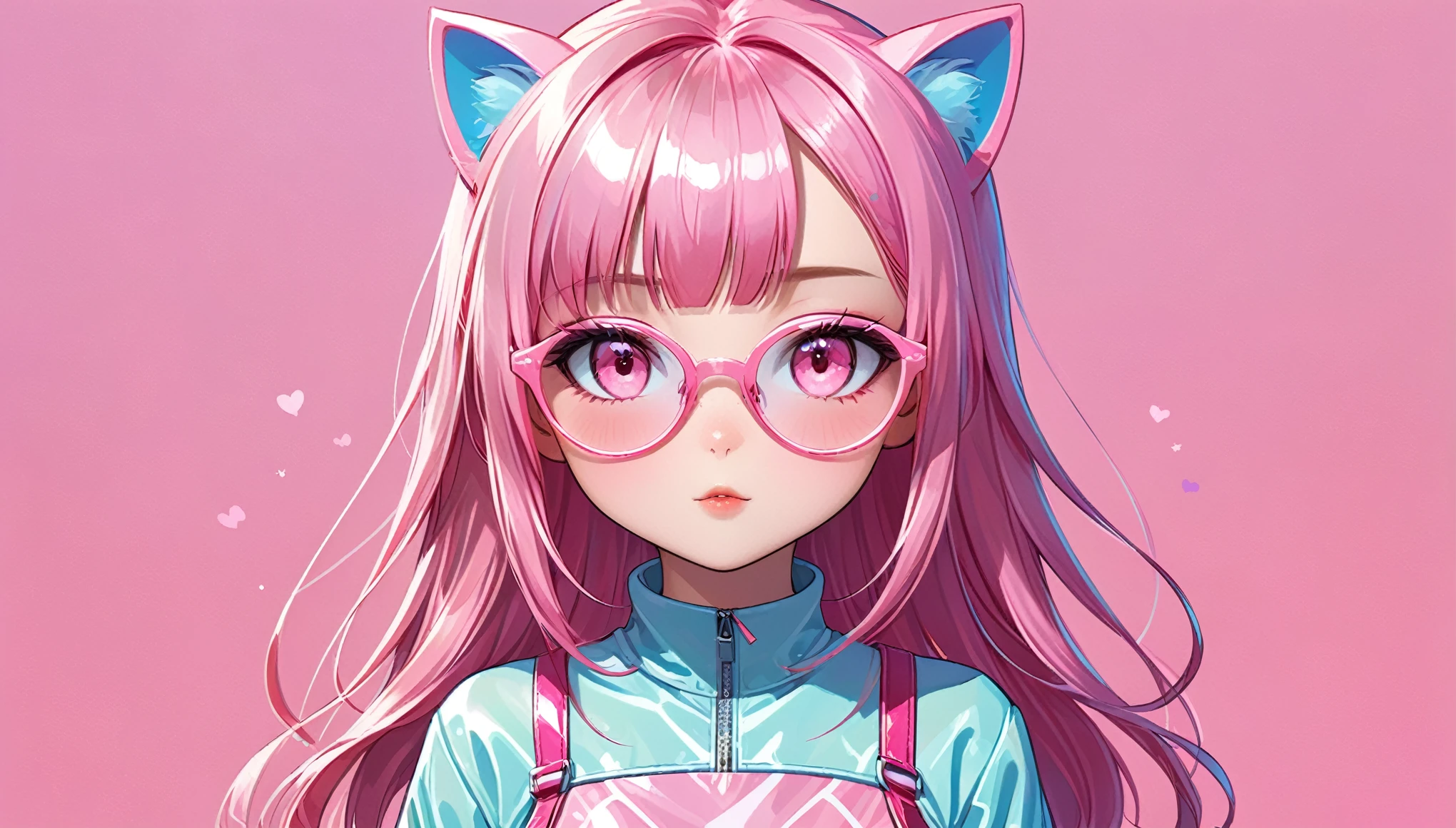 Beautiful anime irl with long pink straight hair and bangs,(in style of by Liu Ye:1.3),wearing light pink glasses,wearing a glossy outfit against a pink background,with hyper quality in the style of Artgerm,and in a y2k aesthetic Kawaii manga style,with soft lighting and pastel colors,in the style of Loish with shiny eyes as a digital illustration portrait,with a cute cartoon character design,featuring bold lines at a high resolution,(as a full body shot concept sheet digital painting with flat shading from a low angle:1.3),featuring bright pink and detailed facial features,beautiful and gorgeous,