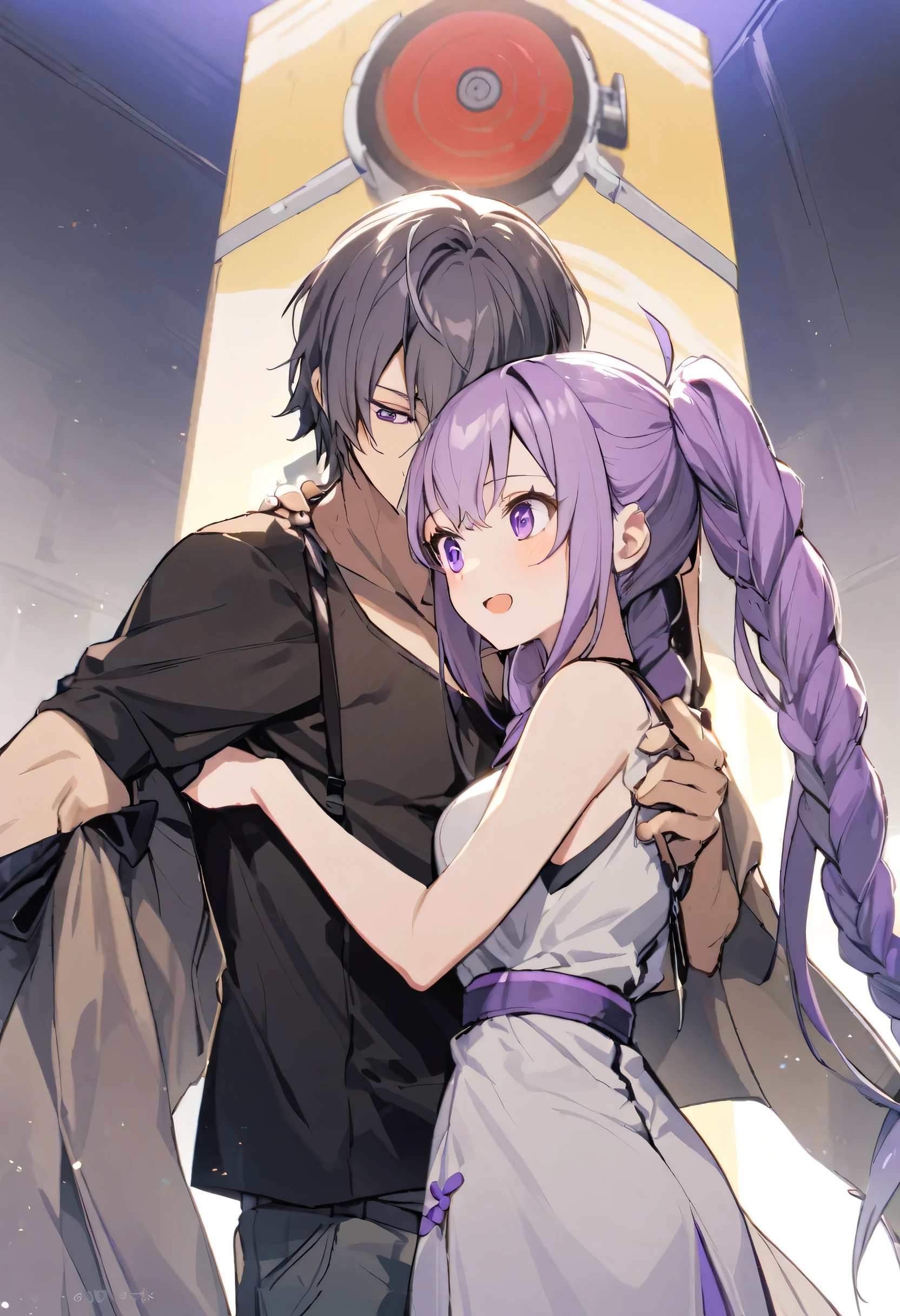 Night view, (A couple, beautiful girl and boy), Big watery eyes, Look at each other, purple hair,purple eyes,very long hair,grey hair,double braid,large breasts,gradient hair, Bathe near the waterfall, The body is soaked in water, Wearing white clothes, Fine hair, Wear fashionable clothing, Flowing tulle,, Wet hair, cheer up, Tempting face, No, Stone, Purified water, Water on the body,  Look up at the sky and smile, Beautiful Face, 40s, Soft volumetric light, (Backlight: 1.3), (Movie: 1.3), Intricate details, (art station: 1.3).