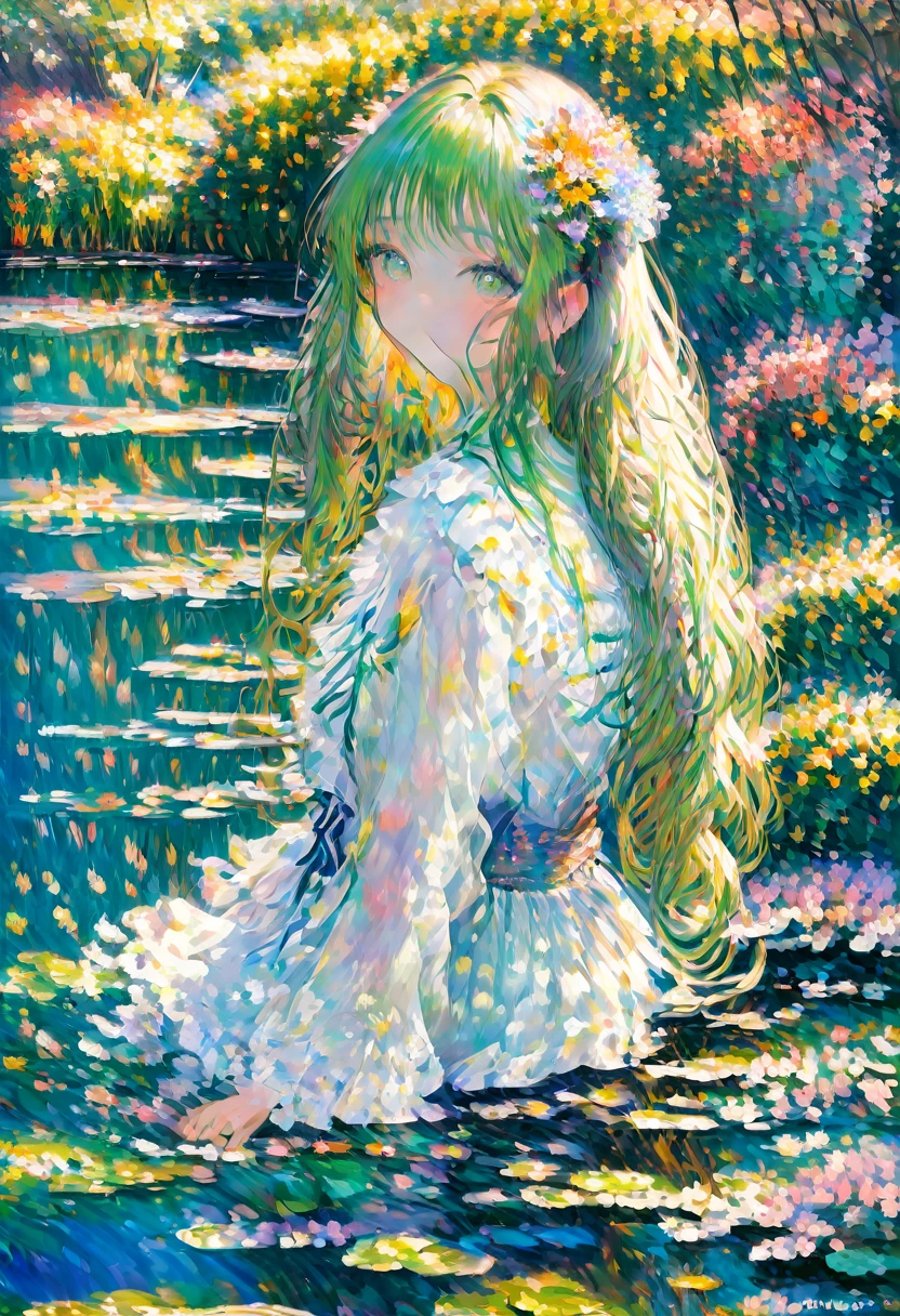 Claude Monet Style, A peaceful garden scene in the style of Claude Monet, with vibrant colors and soft brushstrokes. It features a beautiful girl sitting on a bench surrounded by blooming flowers and lush greenery. Her face, detailed and delicately painted, showcases her serene expression and sparkling eyes. The sunlight filters through the foliage, creating a dappled effect on the ground. The garden is filled with various kinds of flowers, including roses, lilies, and sunflowers, each painted with intricate details that highlight their texture and natural beauty. In the distance, a pond can be seen, reflecting the vibrant colors of the garden and the clear blue sky above. The water lilies on the pond are painted with meticulous attention to detail, capturing their delicate petals and the ripples they create on the water's surface. The overall image is of the highest quality, with ultra-detailed brushwork and sharp focus, providing a masterpiece that truly captures the essence of Claude Monet's signature style.