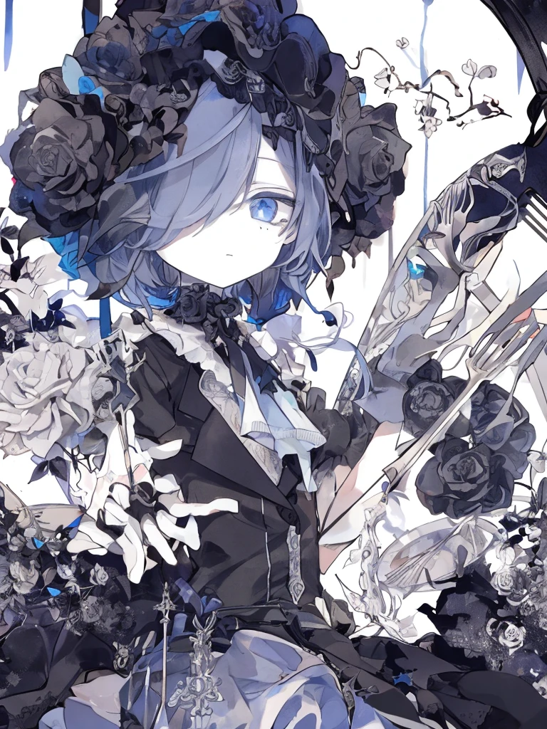 masterpiece, 最high quality, high quality, Very detailed, ((((1 boy)))), alone, 15 years old, Actual product, Manipulative, Sophisticated, Dominant, Light blue short hair, Blunt bangs, Grey Eyes, Long eyelashes, Jig eyes, Hollow Eyes, Gothic, birthday、cake、fork、celebration、Mole under the right eye、Beautiful boy、Blue and black roses
