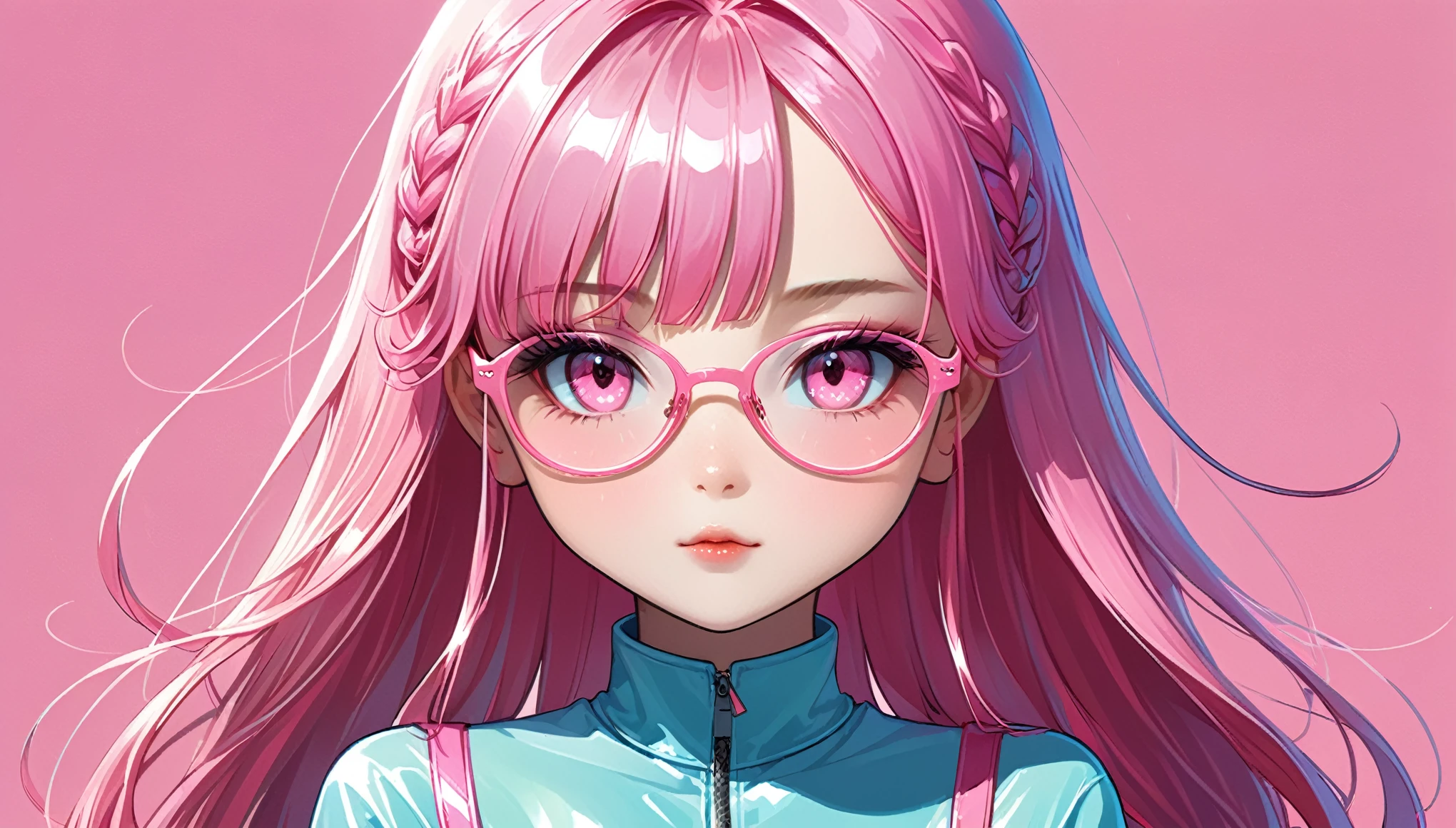 (in style of by Liu Ye:1.3),Beautiful anime irl with long pink straight hair and bangs,wearing light pink glasses,wearing a glossy outfit against a pink background with hyper quality,in the style of Artgerm,in a y2k aesthetic Kawaii manga style,
BREAK
with soft lighting and pastel colors,in the style of Loish with shiny eyes as a digital illustration portrait,with a cute cartoon character design,featuring bold lines at a high resolution,(as a full body shot concept sheet digital painting,
BREAK
 with flat shading from a low angle:1.3),featuring bright pink and detailed facial features,beautiful and gorgeous,