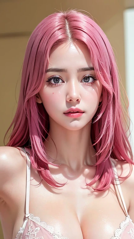 Ultra realistic, open shot (show body), best quality, dream aesthetic (a little blurry in cinematic vibrant light), ultra-detailed, fine details, high resolution, Perfect dynamic composition, illuminated pale skin, perfect shading, beautiful (realistic) detailed clear eyes, hot lingerie (tits nude), pantyhose, pale-pink hair, long messy (silky) hair (pale pink), tied hair, natural big breasts (naked), Natural Color Lip, erotic, face with pleasure and seductive expression, Random and sensual poses, bedroom (background unfocused)、20 year old、dream atmosphere