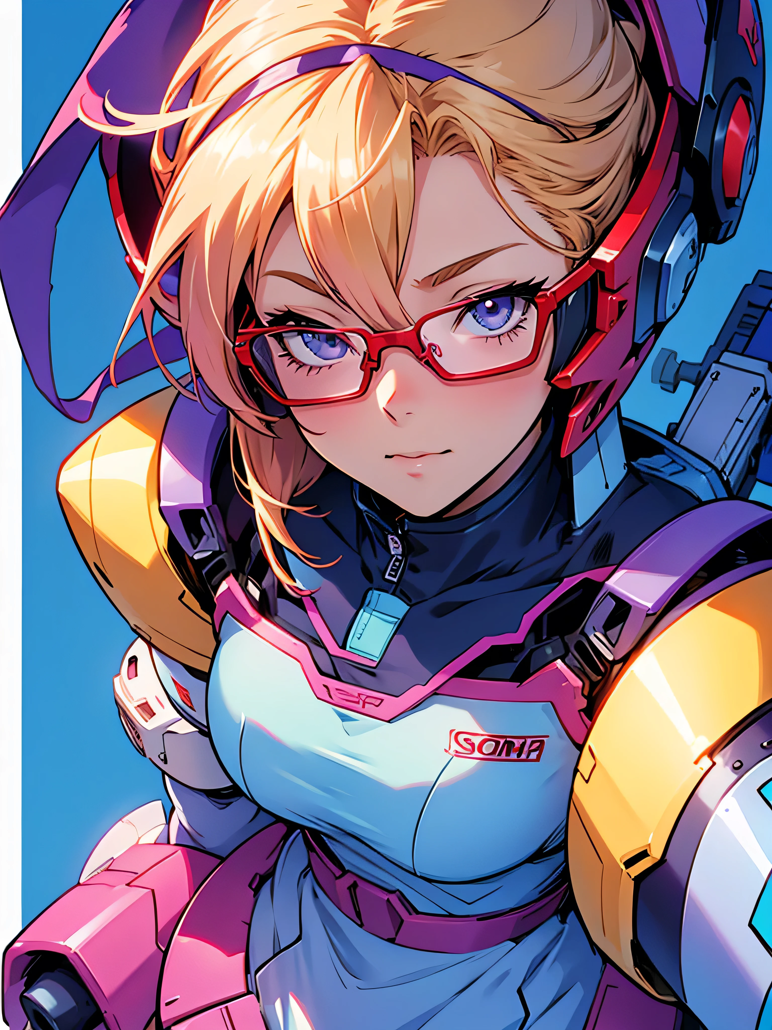 anime,An illustration,purple robot,Mobile Suit,Dom,Light blue check dress,Red glasses,Blonde,Light blue mesh hair,beautiful girl,Sora Sakurano,one person