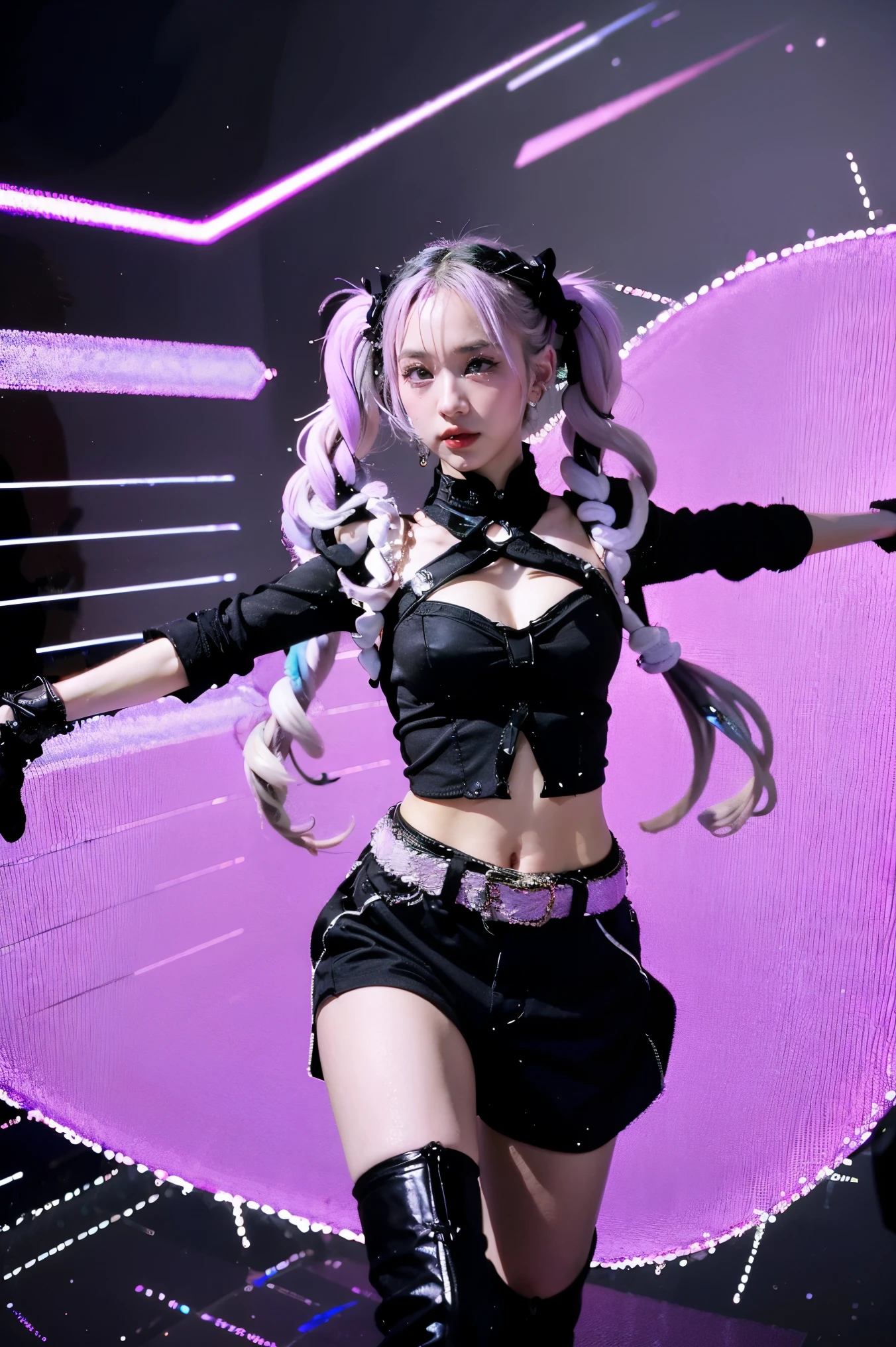 Best Quality, Ultra High Resolution, Cute, (KPOP Idol), (Long Twintail), (Light Purple Hair:1), ((Big Eyes)), Looking at you,
BREAK ((upper body:1.3)), Front View,A character with long, flowing silver hair and a slender build, wearing a black and white outfit that includes thigh-high boots and gloves. The character is in a dynamic pose surrounded by ethereal purple crystals and energy,
The character is in a dynamic pose surrounded by ethereal purple crystals and energy,A character with long, flowing purple hair, wearing a metallic top and black shorts with thigh-high boots. The outfit includes straps and belts, giving it a futuristic or fantasy style. The character is in a dynamic pose with radiant light or energy surrounding them, set against a minimalistic abstract background,