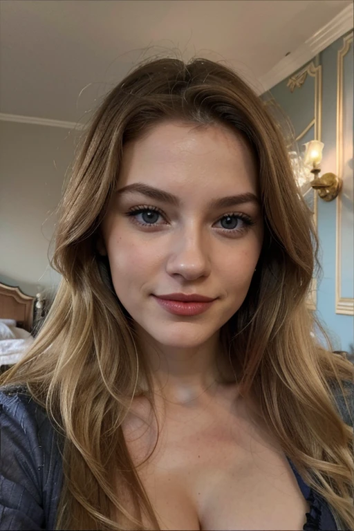 Jeune russe de 25ans, cheveux long blond, detailed face, yeux bleus clair, grosse levre, corps naturels , dans une chambre, Lipstick, tenue sexy, petit sourire en coin, reflection of light on his face, visage fin, taille fine ,