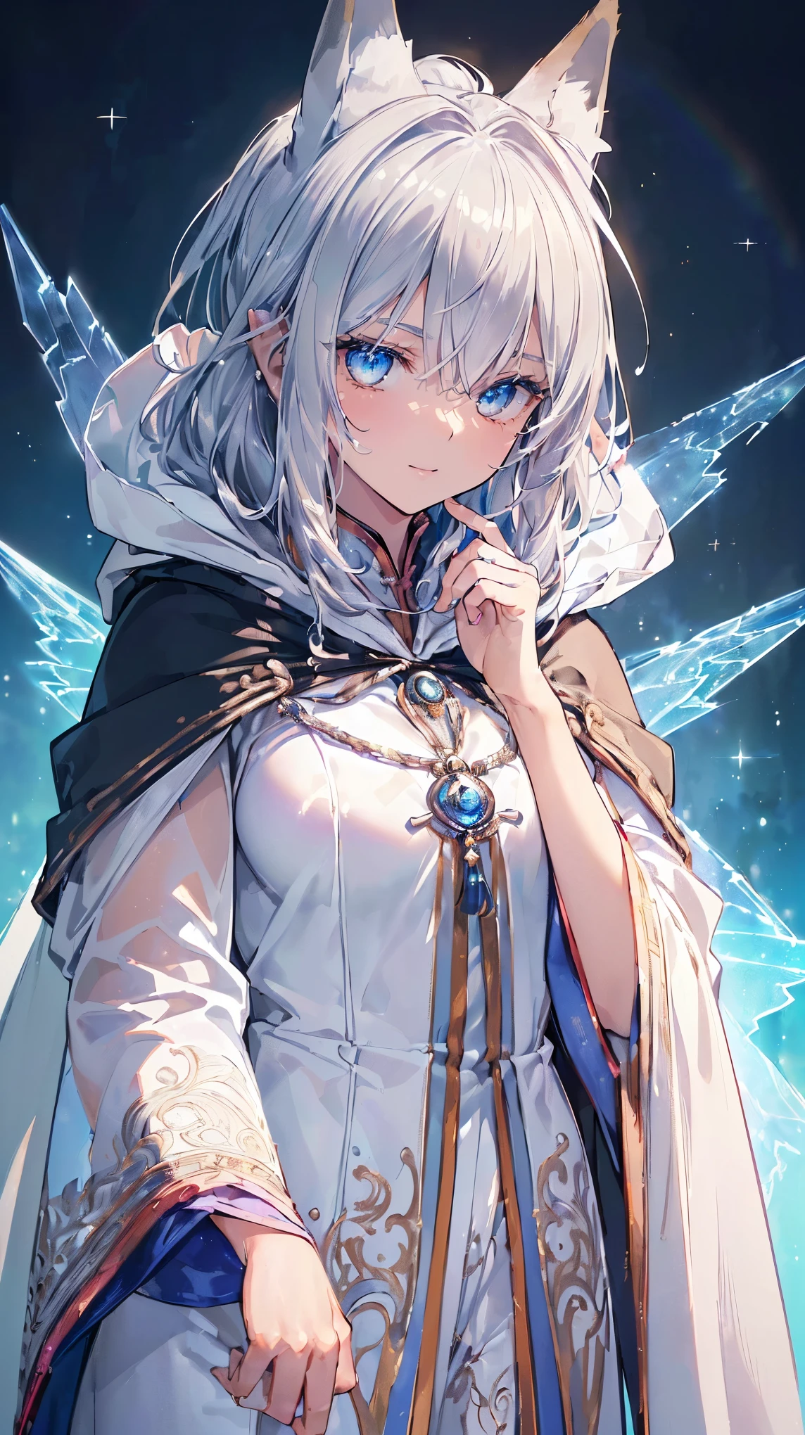 (((Masterpiece))), (((Highest quality))), ((Ultra-detailed)), ((Super fine illustration)), ((Ultra-fine painting)), (16K highest quality wallpaper:1.4), (Upper body:1.6), HDR, (Highly detailed and delicate illustration style:1.8), Detailed skin texture, Detailed cloth texture, Extreme detailed description, (T-masterpiece), (Highly detailed face:1.2), (Highly detailed silver fox ears:1.2), (Highly detailed shiny ponytail:1.2), (Highly detailed beautiful eyes:1.2), Original, RAW photo, Professional, Intricate details, Super details, Direct light:1.6, (Perfect anatomy:1.4), (Highly detailed hands:1.2), (Highly detailed fingers:1.2), (Highly detailed fingertips:1.2), (27-years-old), Real, (Solo:1.6), ((Very beautiful and attractive silver fox female model:1.4)) BRAKE (Beautiful and adorable silver fox ears:1.6), (Highly detailed and delicate silver fox ears:1.4), (Beautiful and well-shaped big breasts:1.2), (Beautiful and well-shaped buttocks), (Very beautiful and shiny rainbow-colored hair, colorful hair:1.6), (Very beautiful and transparent blue eyes that shine in iridescent colors, colorful eyes:1.5), (Beautiful clear blue eyes with sparkling details:1.6), (Highly detailed face:1.4), (Smile:1.3), (looking at viewer:1.4), (Standing:1.4) BRAKE (Concept art:1.2), (Detailed fantasy art:1.2) BRAKE (Just after noon:1.4), (Otherworldly city street:1.6), (Different world:1.2), (Highly detailed and delicate background:1.2) BRAKE ((Court Wizard's long clothes:1.5),(Court Wizard's Cloak:1.5)) BRAKE