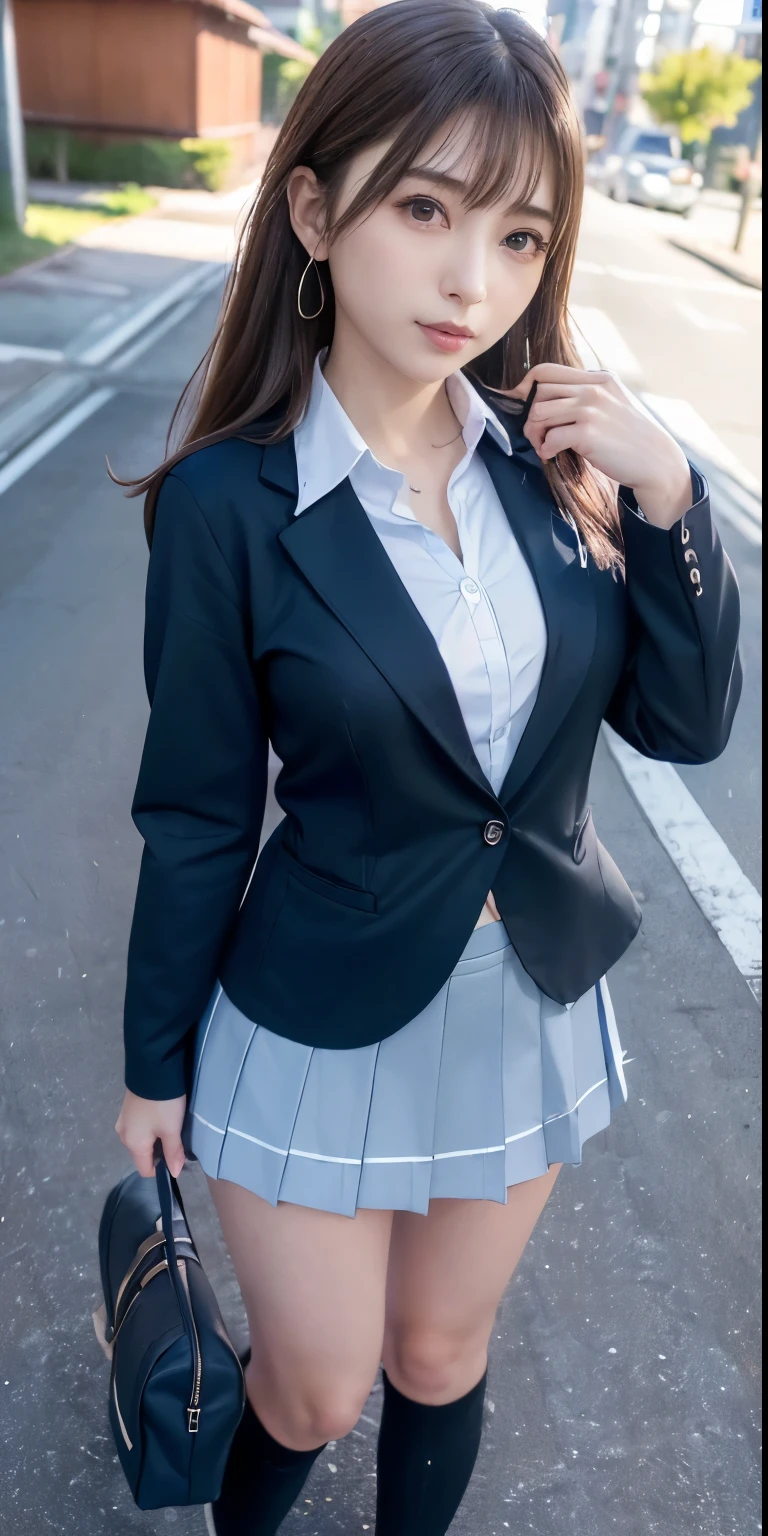 mix4, (16 K, Raw photography, Top image quality, ​masterpiece: 1.45), (realisitic, Photorealsitic: 1.37), one girls, cute little, A city scape,, profetional lighting, photon maping, school classrooms, physically-based renderingt, dark brown  hair,pony tail hairstyle, Well-groomed and beautiful eyes、((double eyelid))、Transcendent Cute Girl, (((student clothes、blazers、Long sleeve shirt worn by Japan high school girl、Ribbon Ties、Dark blue mini skirt,、Dark blue socks、Black loafers))), Top Quality Photos, hight resolution, 1080p, (clearface), (Detailed face description), (Detailed hand description), (​masterpiece), (Exquisite CG)、extreme light and shadows、dishevled hair、master work、abundant detail、(Fine facial features)、(top quality photo)、(masuter piece)、(A detailed eye)、Look in front of you、Fine clavicle、((Slender big))、(((Japan schoolgirls wear jackets and long-sleeved shirts)))、((Neat and clean idol))、((School Gate、school ground、School building in the background))、(Shooting from random perspectives)、(((Anyway cute)))、earrings、A big smile、Drawing the whole body from the knees、Do not draw nasolabial folds、(((Sports bags used by Japan schoolgirls)))、(Big breasts that hang down big:1.2)、Big buttocks with tension、Two arms and two legs、(((from the front side:0.7)))、bare hand、(((Left and right symmetrical eyes)))、Standing Pose、Put your hands on your desk、Do not take the tie out of the jacket、Raise your buttocks:1.5，barebacked:1.5，