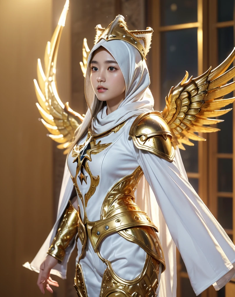 (1 Japan cutes teen with idol style), ((Top  Quality, 8k, ​masterpiece: 1.3)), focusing: 1.2, Perfect body care: 1.4 , (Hijab), ((Highly detailed face and skin texture)), Fair eyes, Double eyelidd, arafed woman dressed in white and gold holding a sword, angelic golden armor, ornate cosplay, as a mystical valkyrie, angel in full iron gold armor, angel knight girl, intricate white and gold armor, full gold wings, ornate white and gold armour, professional cosplay, fantasy paladin woman, white and gold priestess robes, golden goddess athena, golden wings, mystical valkyrie、perfect proportions、perfect anatomy、perfect composition、beautiful detailed shading、beautiful natural lighting、beautiful detail glow、Depth of bounds written、(((High chroma)))、(((real:1.9)))、((vivid:1.4))、((beautiful skin))、((skin texture))、((Real skin feel))、(((cowboy shot:1.5)))、((Angle seen from the front:1.5)), Front angle shot,