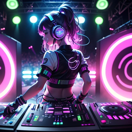 DJ girl DJ controller com neon, super bright music lights. There is a TV screen behind her, (best quality)), ((super detailed)), ((masterpiece)), photo,(DJ with headphones and microphone:1.4), performing at a vibrant (music festival:1.2) with (energetic crowd:1.1) and (colorful stage lights:1.1).