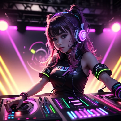 DJ girl DJ controller com neon, super bright music lights. There is a TV screen behind her, (best quality)), ((super detailed)), ((masterpiece)), photo,(DJ with headphones and microphone:1.4), performing at a vibrant (music festival:1.2) with (energetic crowd:1.1) and (colorful stage lights:1.1).