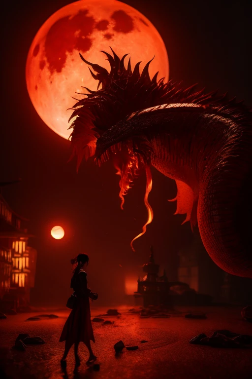 Surrealism, High Detail, movie lighting, Ray Tracing, Perspective, Eye level shooting, Ultra HD, masterpiece, Textured Skin, 4k, best quality，Huge red moon，Modern city shadow，Monster&#39;s Shadow，Back view of several people，