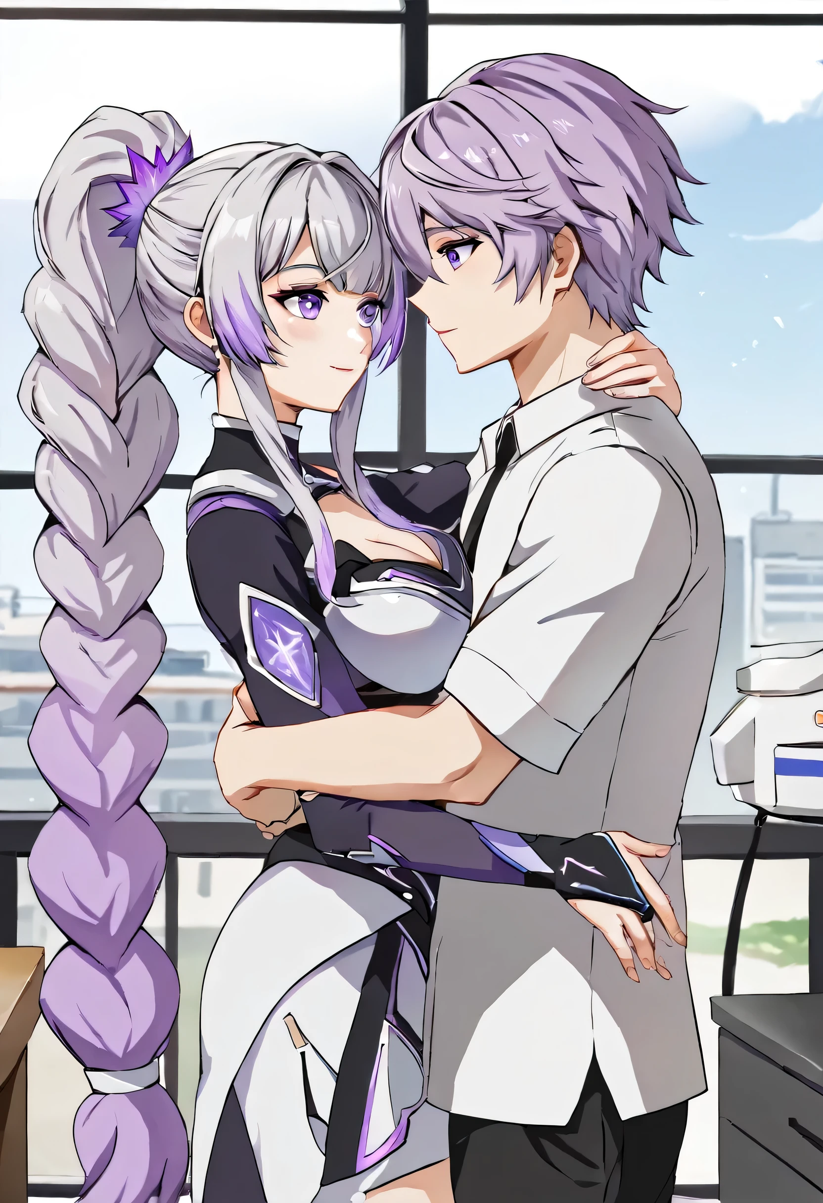 Inji,1 girl,1 boy，Embrace,purple_hair,purple_eye,very_length_hair,gray_hair,Braiding_ponytail,Big Target_chest,slope_hair,