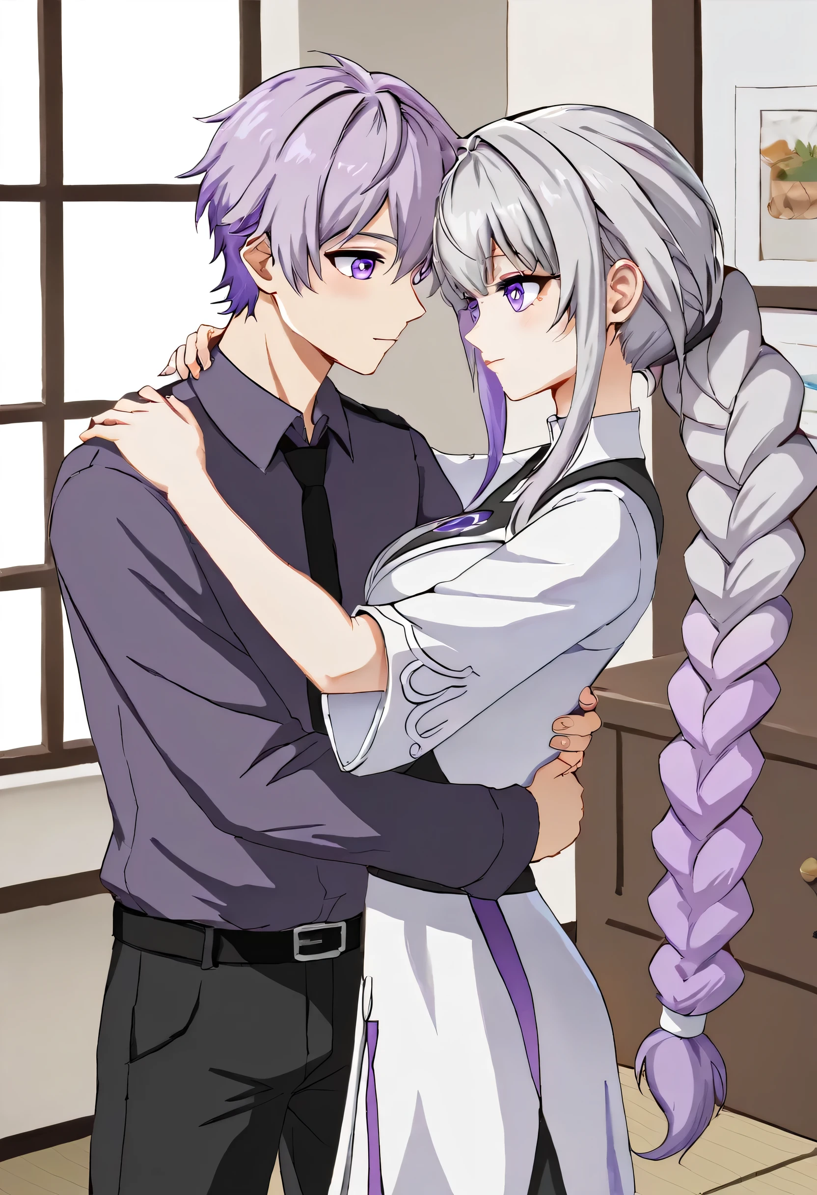 Inji,1 girl,1 boy，Embrace,purple_hair,purple_eye,very_length_hair,gray_hair,Braiding_ponytail,Big Target_chest,slope_hair,