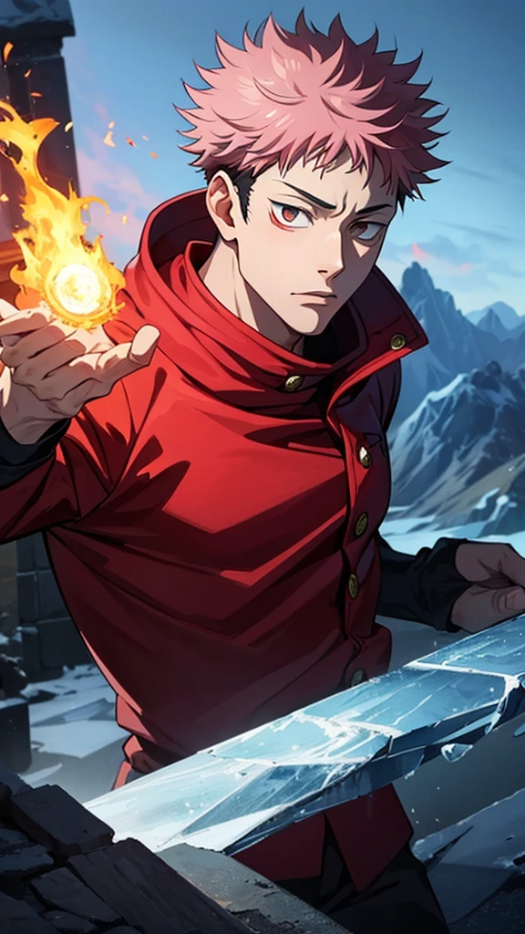 1 man, Itadori Yuji, Jujutsu Kaisen, using fire powers on hands, muscules in body,   black blue, Red hood, pink hair, short hair, brown eyes, normal eyes, anime style, cinematographic and vivid paisage, Montains ice


