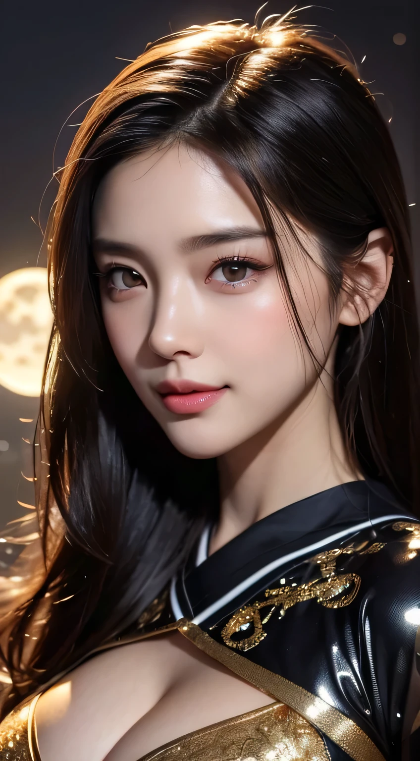 Kimono beauty, body portrait, 8k, thin and beautiful eyes, Dindal effect, masterpiece, top quality, high quality, high resolution, very detailed photo, (natural skin texture, fine skin, hyper realism, super sharpness) , high detail skin, (very fine, fine skin texture, intricate details, beautiful face, (real-like face), realistic eyes, beautifully detailed eyes, realistic skin, beautiful skin, surreal, Highly detailed, golden ratio, smiling eyes, ((night moonlight background)), body portrait, G cup, big breasts, huge breasts, big breasts, glamorous, shiny bodysuit