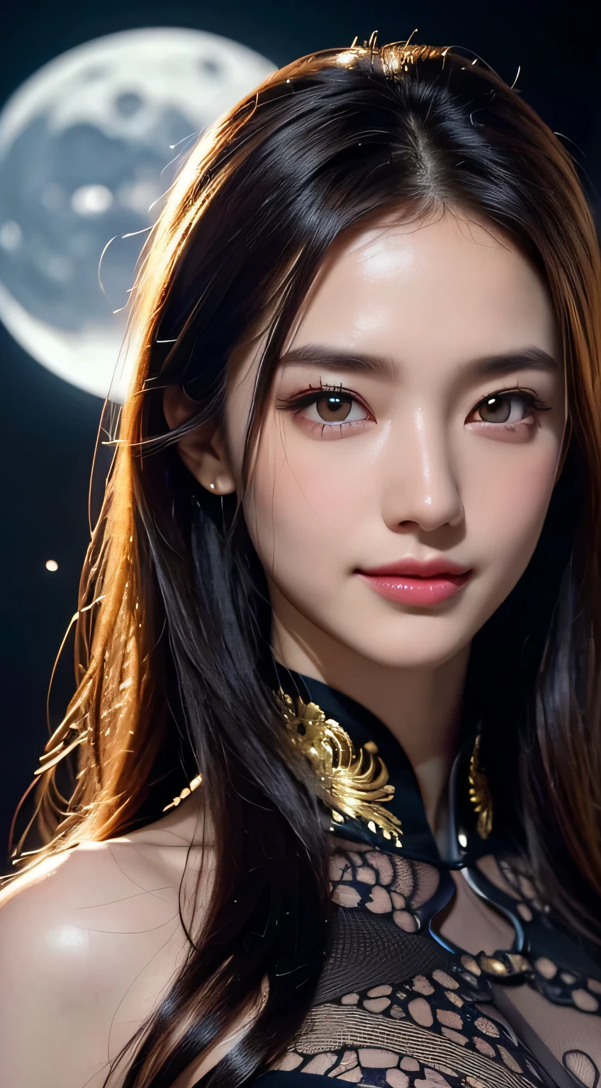 Kimono beauty, body portrait, 8k, thin and beautiful eyes, Dindal effect, masterpiece, top quality, high quality, high resolution, very detailed photo, (natural skin texture, fine skin, hyper realism, super sharpness) , high detail skin, (very fine, fine skin texture, intricate details, beautiful face, (real-like face), realistic eyes, beautifully detailed eyes, realistic skin, beautiful skin, surreal, Highly detailed, golden ratio, smiling eyes, ((night moonlight background)), body portrait, G cup, big breasts, huge breasts, big breasts, glamorous, shiny bodysuit