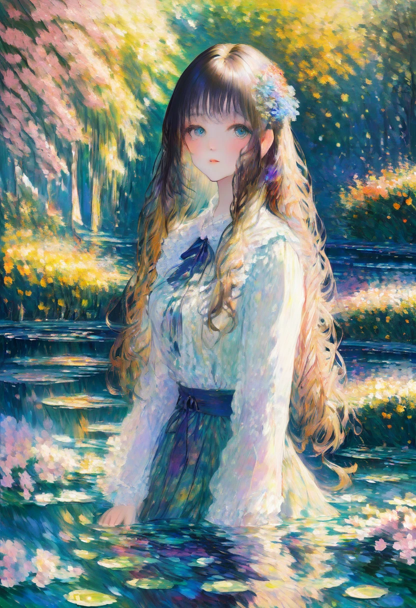 Claude Monet Style, A peaceful garden scene in the style of Claude Monet, with vibrant colors and soft brushstrokes. It features a beautiful girl sitting on a bench surrounded by blooming flowers and lush greenery. Her face, detailed and delicately painted, showcases her serene expression and sparkling eyes. The sunlight filters through the foliage, creating a dappled effect on the ground. The garden is filled with various kinds of flowers, including roses, lilies, and sunflowers, each painted with intricate details that highlight their texture and natural beauty. In the distance, a pond can be seen, reflecting the vibrant colors of the garden and the clear blue sky above. The water lilies on the pond are painted with meticulous attention to detail, capturing their delicate petals and the ripples they create on the water's surface. The overall image is of the highest quality, with ultra-detailed brushwork and sharp focus, providing a masterpiece that truly captures the essence of Claude Monet's signature style.