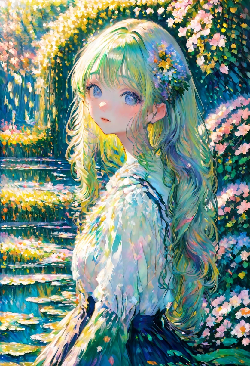 Claude Monet Style, A peaceful garden scene in the style of Claude Monet, with vibrant colors and soft brushstrokes. It features a beautiful girl sitting on a bench surrounded by blooming flowers and lush greenery. Her face, detailed and delicately painted, showcases her serene expression and sparkling eyes. The sunlight filters through the foliage, creating a dappled effect on the ground. The garden is filled with various kinds of flowers, including roses, lilies, and sunflowers, each painted with intricate details that highlight their texture and natural beauty. In the distance, a pond can be seen, reflecting the vibrant colors of the garden and the clear blue sky above. The water lilies on the pond are painted with meticulous attention to detail, capturing their delicate petals and the ripples they create on the water's surface. The overall image is of the highest quality, with ultra-detailed brushwork and sharp focus, providing a masterpiece that truly captures the essence of Claude Monet's signature style.