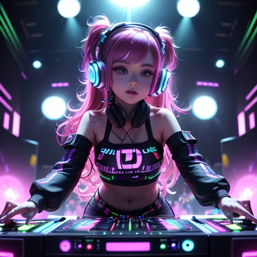 DJ girl, DJ controller, mirror ball, com, neon, super bright music lights. There is a TV screen behind her, (best quality)), ((super detailed)), ((masterpiece)), photo,(DJ with headphones and microphone:1.4), performing at a vibrant (music festival:1.2) with (energetic crowd:1.1) and (colorful stage lights:1.1).