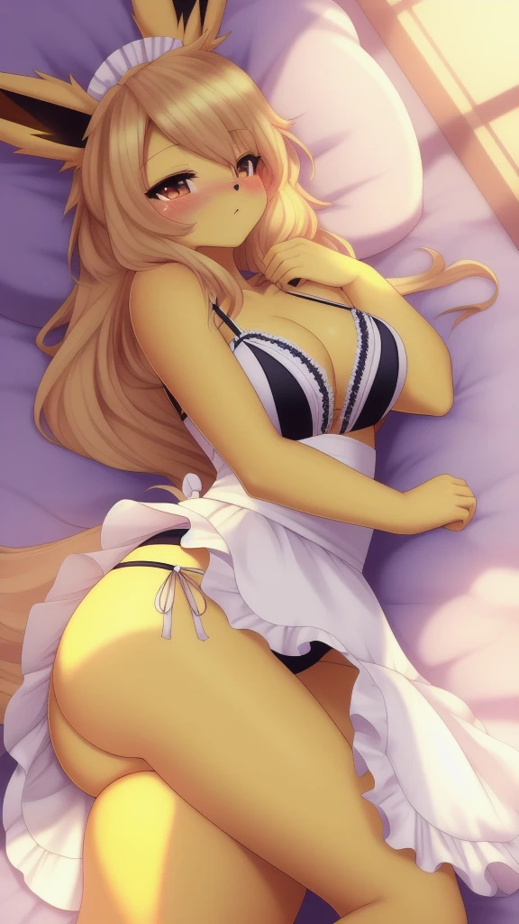 Jolteon,long haired,Bust 87,Waist 57,Thigh 86,Good resolution,on the bed,Sleep on your side,Maid outfit bikini,Good light and shadow details,shade,sexy body,blushing