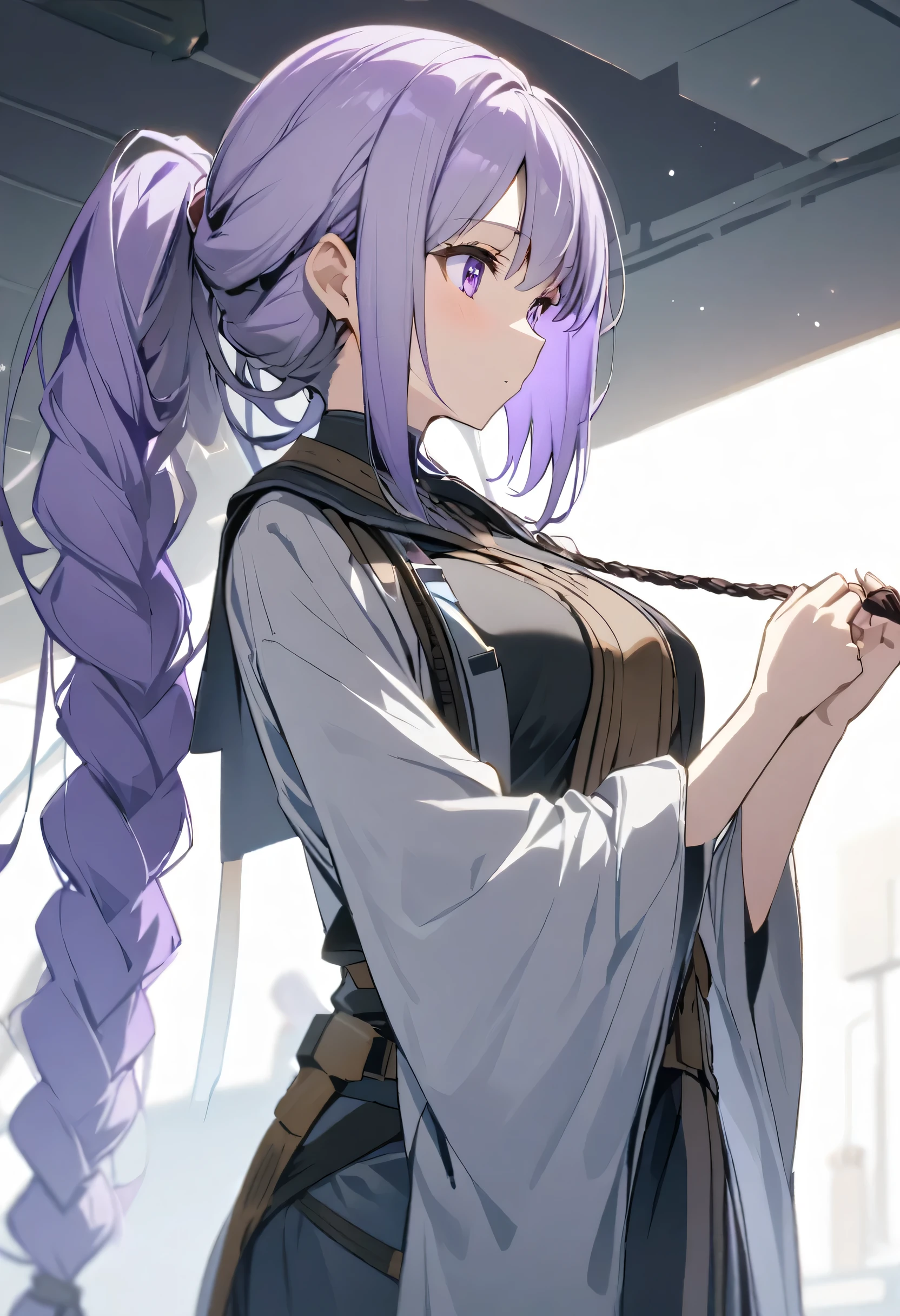 Inji,One girl,alone,purple_hair,purple_eye,very_length_hair,gray_hair,Braiding_ponytail,big_chest,Slope_hair,