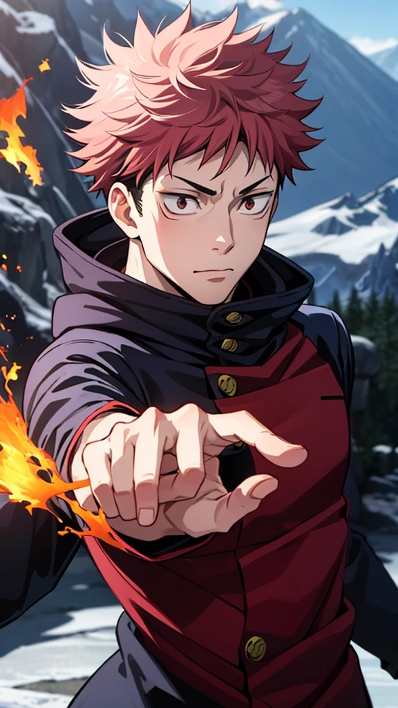 1 man, Itadori Yuji, Jujutsu Kaisen, using fire powers on hands, muscules in body,   black blue, Red hood, pink hair, short hair, brown eyes, normal eyes, anime style, cinematographic and vivid paisage, Montains ice


