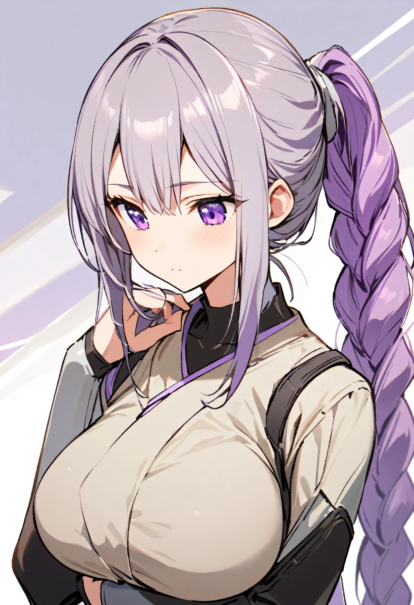 Inji,One girl,alone,purple_hair,purple_eye,very_length_hair,gray_hair,Braiding_ponytail,big_chest,Slope_hair,