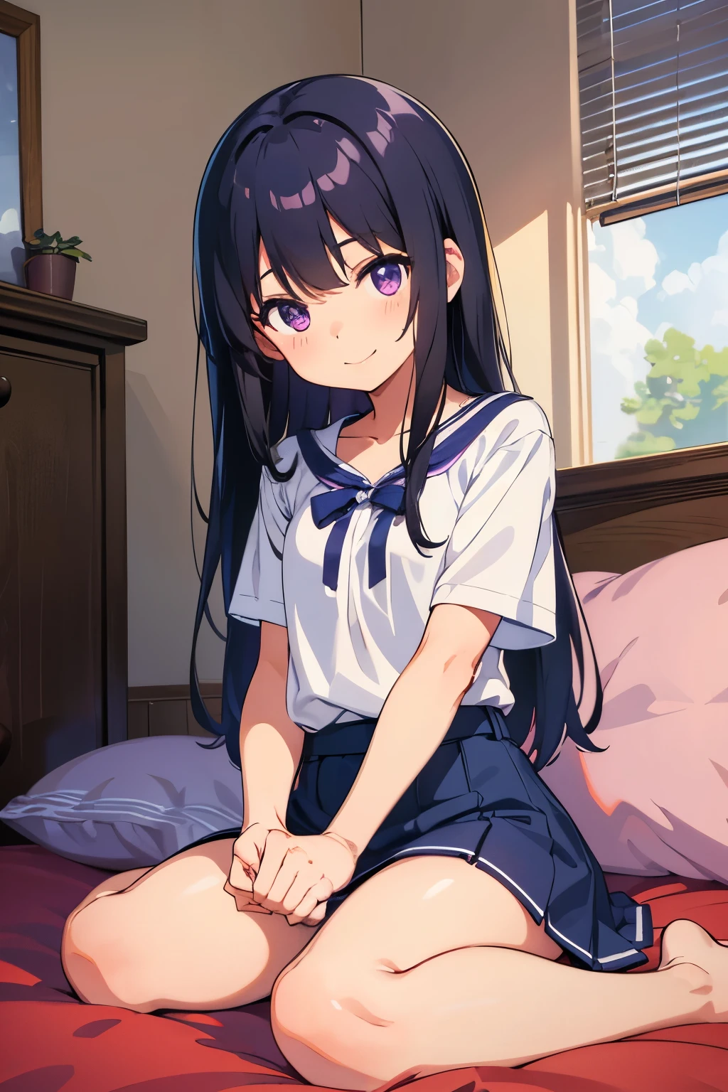 , 8-year-old, infant　Lare sts, ck Hang Hair, Purple eyes 　smile（One person） White upper body, short-sleeved sailor uniform　Navy blue mini skirt　White panties　（（White pantiesが見える））　White socks　sneakers　School gym　Panties reflected on a shiny floor　Crouched on the floor　 Dynamic Angle　Low Angle