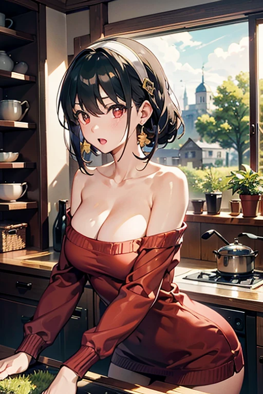 masterpiece, yor, 1girl, Bust A Cup, Amazing Cleavage:1.0, thin waist, big ass, Raised sexy, small breast: 1.2 posed cleavage:1.2、solo, looking at viewer, open mouth, have a cute grass of cute beergrass,black hair, red eyes, dress, bare shoulders, jewelry, collarbone, sidelocks, hairband, earrings, indoors, off shoulder, :o, sweater, arms behind back, plant, short hair with long locks, white hairband, off-shoulder dress, sweater dress, off-shoulder sweater, red sweater, big side hair, very long side hair,is rendered in (masterpiece: 1.2, best quality), with (ultra high resolution) and an exquisite (depth of field). This masterpiece is not only visually stunning but also tells,A scene of cooking in the kitchen