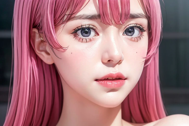 Ultra realistic, open shot (show body), best quality, dream aesthetic (a little blurry in cinematic vibrant light), ultra-detailed, fine details, high resolution (image taken by analog camera), Perfect dynamic composition, illuminated pale skin, perfect shading, beautiful (realistic) detailed clear eyes, hot lingerie (tits nude), pantyhose, pale-pink hair, long messy (silky) hair (pale pink), tied hair, natural big breasts (large), Natural Color Lip (not smiling), face with shy and embarrassed expression, Random and sensual poses, bedroom (background unfocused)、20 year old、dream atmosphere 