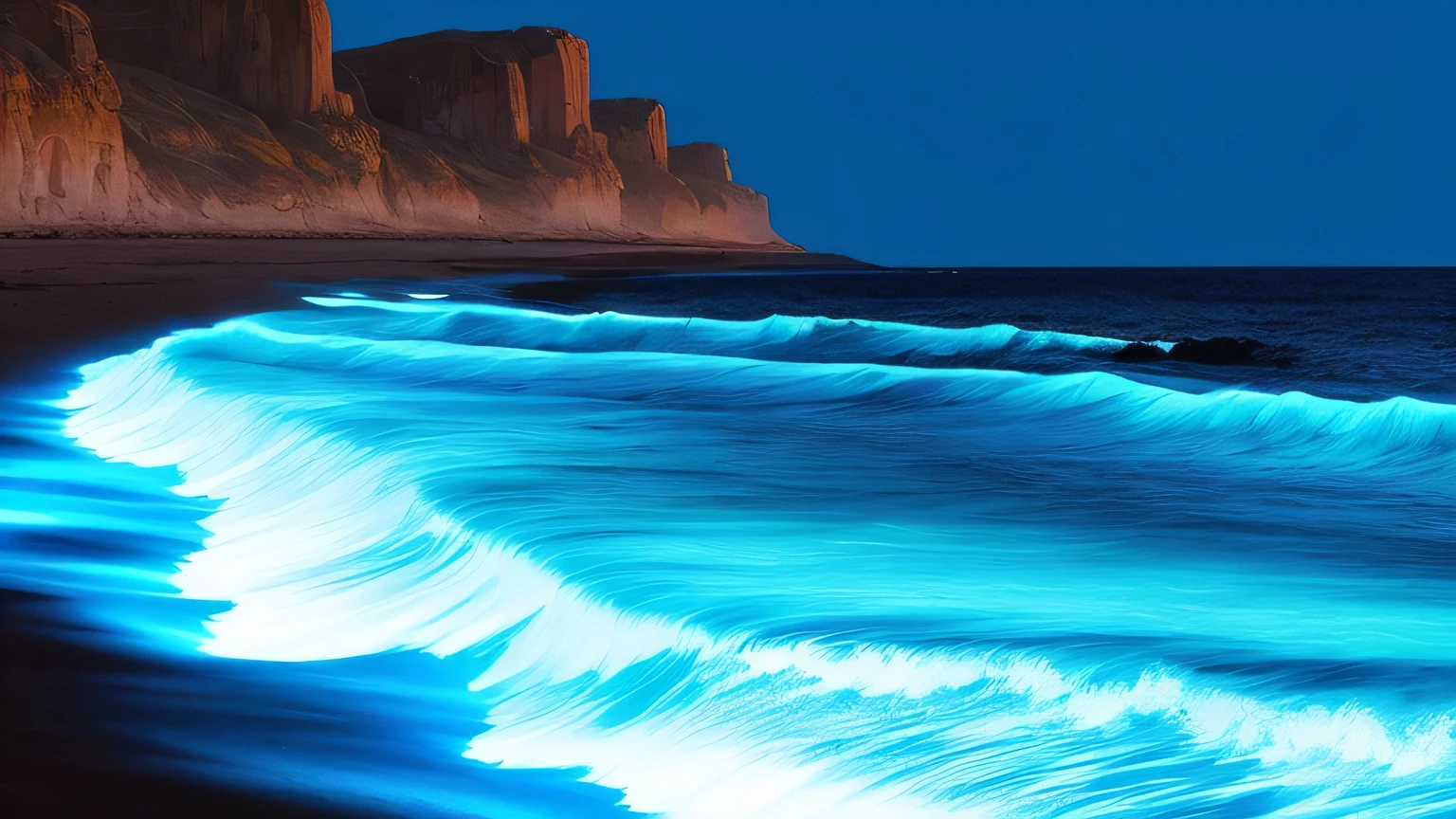 Deserted beach with blue lights, In the style of dynamic energy flow, Realistic Anamorphic Art, I can't believe how beautiful it is, Pool Core, Precise lines, Sparkling, Afro-Caribbean Influences - AR 9:16