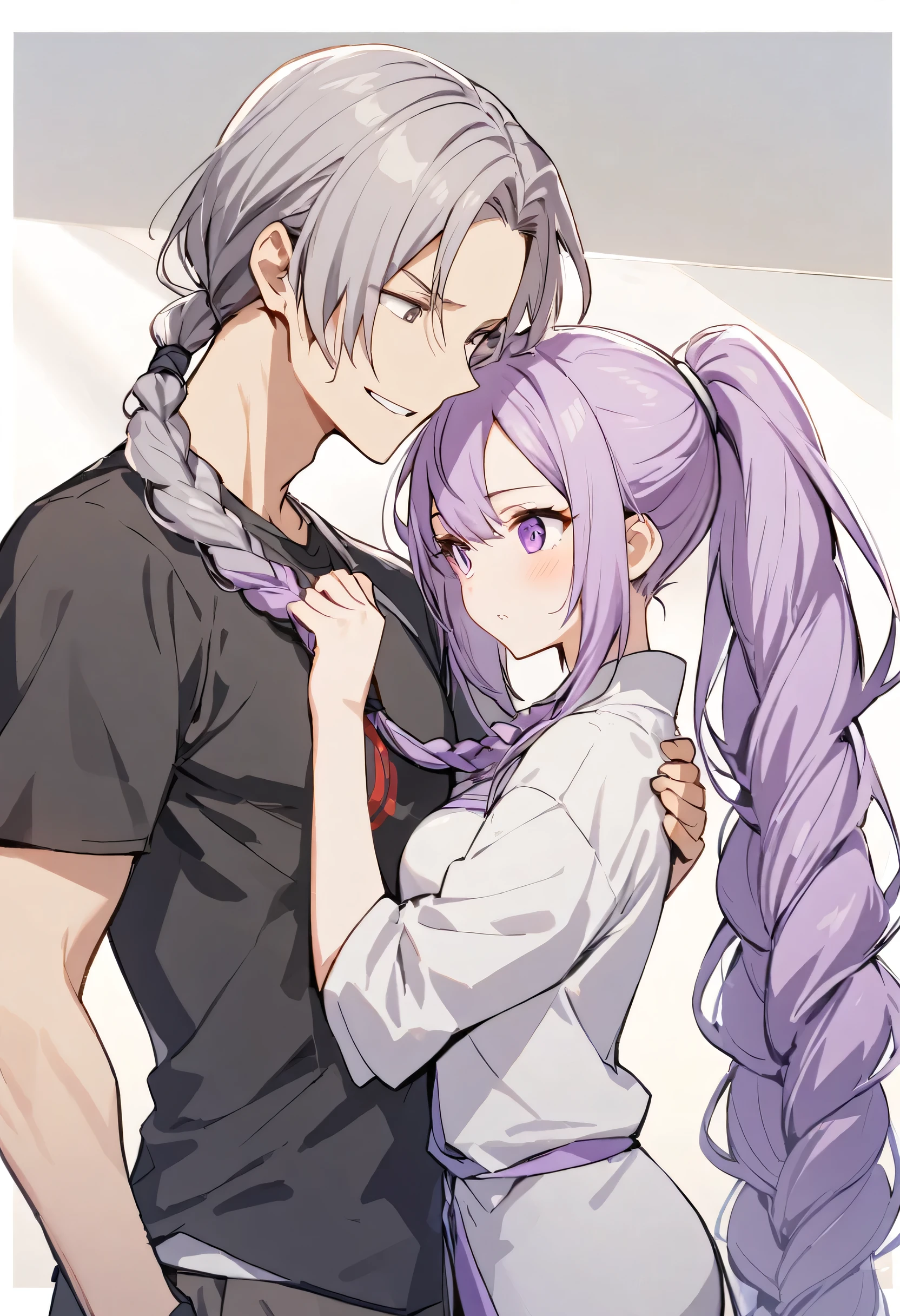 Inji,1 girl,1 boy，Embrace,purple_hair,purple_eye,very_length_hair,gray_hair,Braiding_ponytail,Big Target_chest,slope_hair,