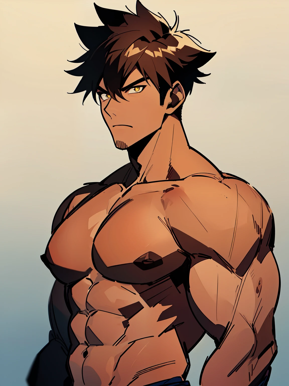 ((handsome men)), ((yellow eyes)), ((brown hair)), ((ninja)), ((dark skin)), ((serious expression)), ((shinobi clothing)), ((muscular male), ((shirtless)), ((topless)), ((body full of huge muscles)) (((complementary colors))), ((mature male)), 1boy, beautifully drawn, high resolution illustration, best quality, High definition, ((detailed anime sketch)), Masterpiece, (solo), absurdres, portrait, ((full body)), ((wild hair)), detailed background, fine detail, male focus, HDR, ((short hair))