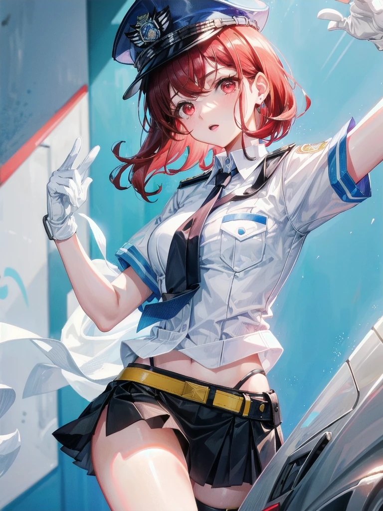 policewoman uniform, light blue short sleeved shirt, navy necktie, high waisted miniskirt, belt, white gloves, police hat, handcuffs, absurdres, RAW photo, extremely delicate and beautiful, masterpiece, Best Quality, ultra high resolution, 32k, hyperrealistic, ultra-detailed, detailed description, pale skin, 20 years old, tearful mole, earring, short medium hair, wavy hair, whole body shot, legs, Redhead, Red eyes, 