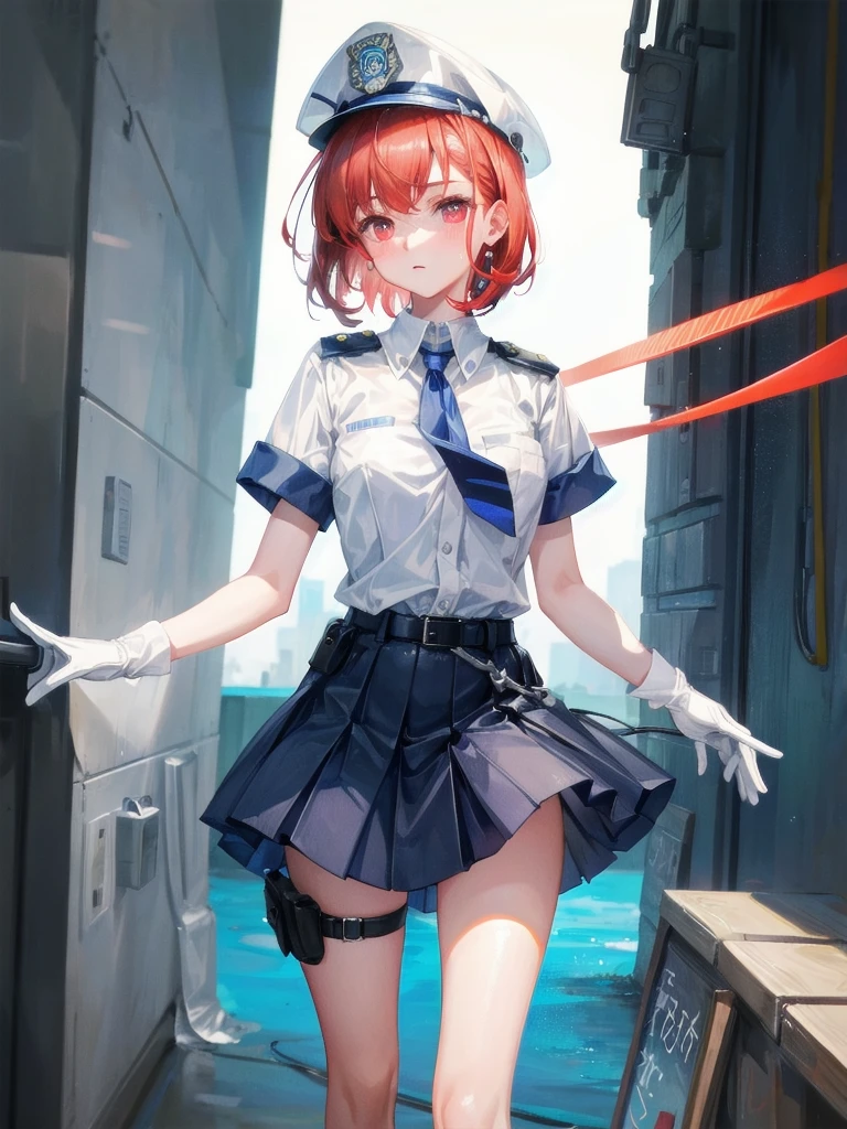 policewoman uniform, light blue short sleeved shirt, navy necktie, high waisted miniskirt, belt, white gloves, police hat, handcuffs, absurdres, RAW photo, extremely delicate and beautiful, masterpiece, Best Quality, ultra high resolution, 32k, hyperrealistic, ultra-detailed, detailed description, pale skin, 20 years old, tearful mole, earring, short medium hair, wavy hair, whole body shot, legs, Redhead, Red eyes,