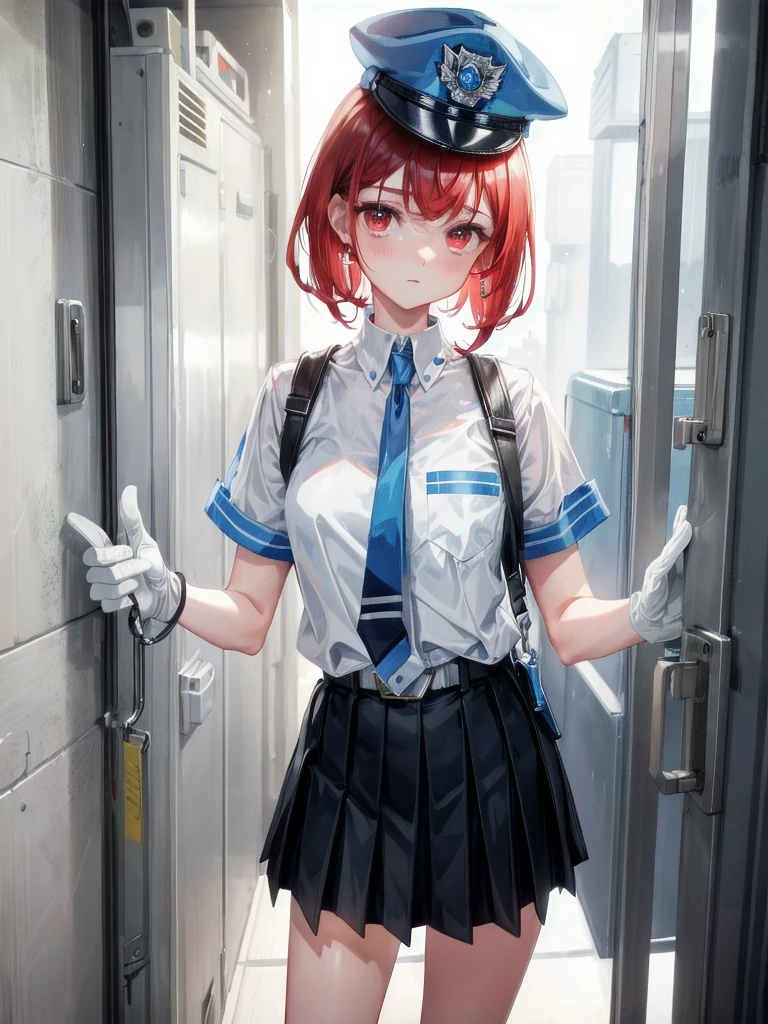 policewoman uniform, light blue short sleeved shirt, navy necktie, high waisted miniskirt, belt, white gloves, police hat, handcuffs, absurdres, RAW photo, extremely delicate and beautiful, masterpiece, Best Quality, ultra high resolution, 32k, hyperrealistic, ultra-detailed, detailed description, pale skin, 20 years old, tearful mole, earring, short medium hair, wavy hair, whole body shot, legs, Redhead, Red eyes,
