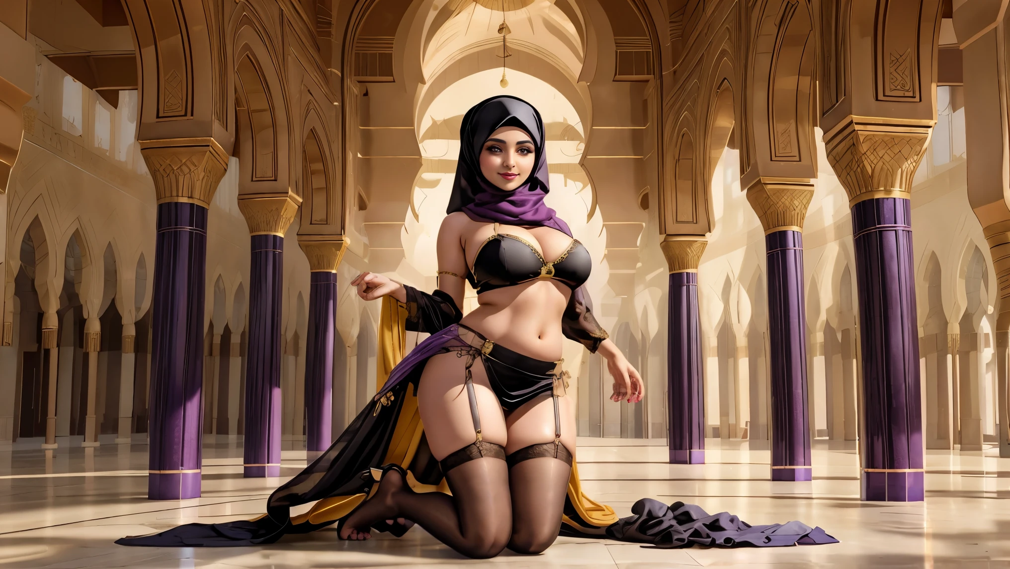 A busty hijabi girl, of Arabic ethnicity, brown skin, Muslim, mature woman, secretary, wearing purple and yellow bra, black mini skirt, tight stocking, black high heel, silk headscarf, natural breasts, nice rounded ass, cleavage, sexy, thick hips, beautiful feet, smiling at the viewer, posing, inside an Islamic mosque, mecca, Saudi Arabia, Arabic background, wallpaper, 8k,4k, pc wallpapers 