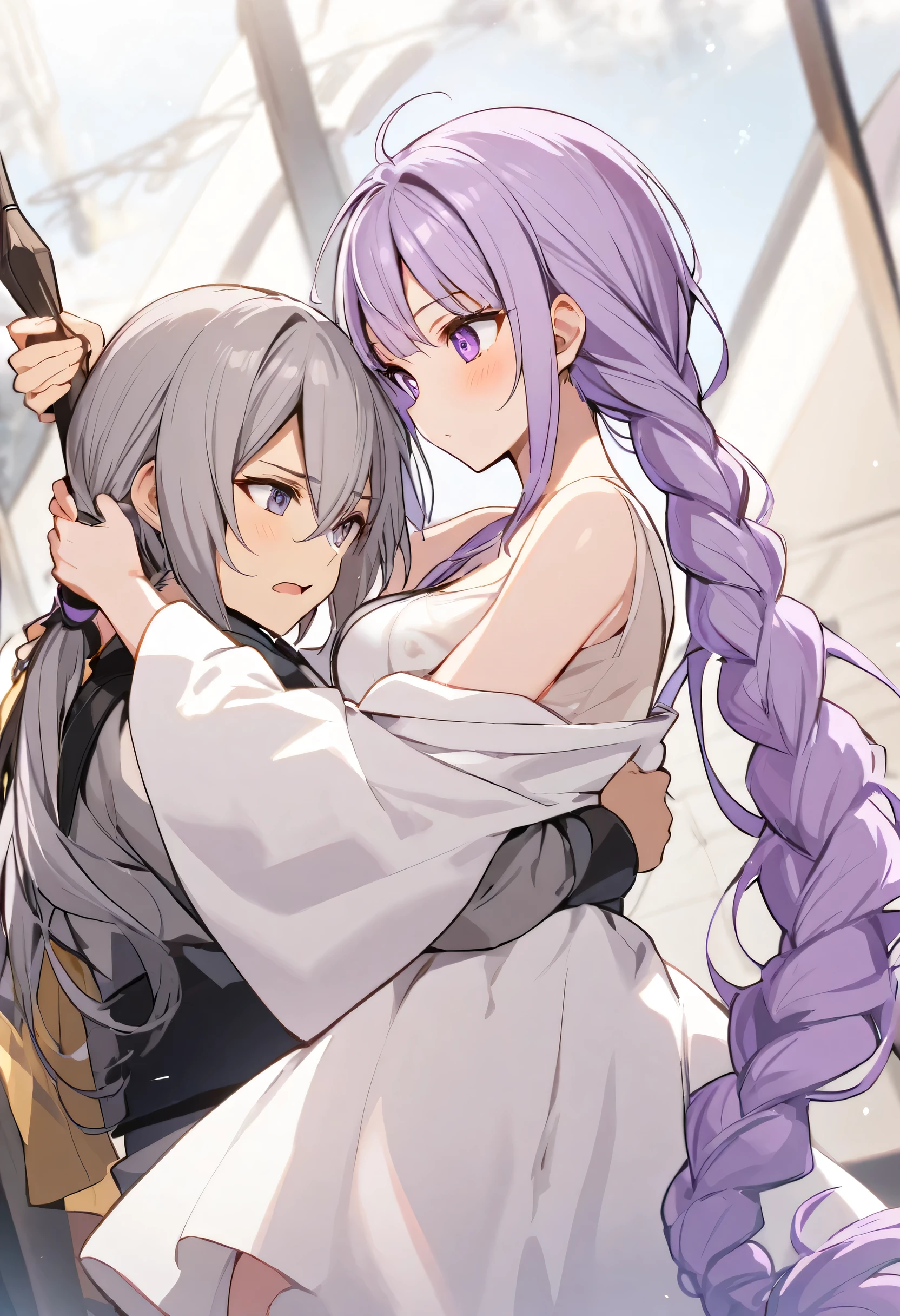 Inji,1 girl,1 boy,Embrace,purple_hair,purple_eye,very_length_hair,gray_hair,Braiding_ponytail,Big Target_chest,slope_hair,