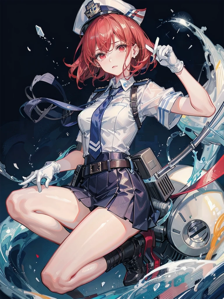 policewoman uniform, light blue short sleeved shirt, navy necktie, high waisted miniskirt, belt, white gloves, police hat, handcuffs, absurdres, RAW photo, extremely delicate and beautiful, masterpiece, Best Quality, ultra high resolution, 32k, hyperrealistic, ultra-detailed, detailed description, pale skin, 20 years old, tearful mole, earring, short medium hair, wavy hair, whole body shot, legs, Redhead, Red eyes, 