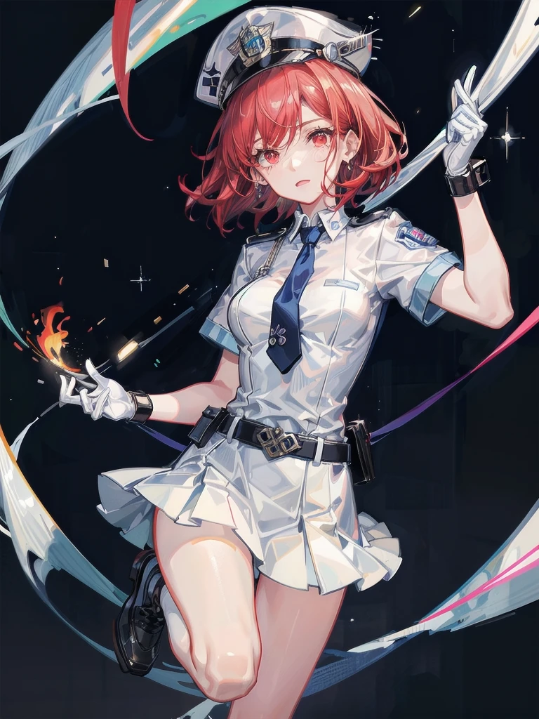 policewoman uniform, light blue short sleeved shirt, navy necktie, high waisted miniskirt, belt, white gloves, police hat, handcuffs, absurdres, RAW photo, extremely delicate and beautiful, masterpiece, Best Quality, ultra high resolution, 32k, hyperrealistic, ultra-detailed, detailed description, pale skin, 20 years old, tearful mole, earring, short medium hair, wavy hair, whole body shot, legs, Redhead, Red eyes,