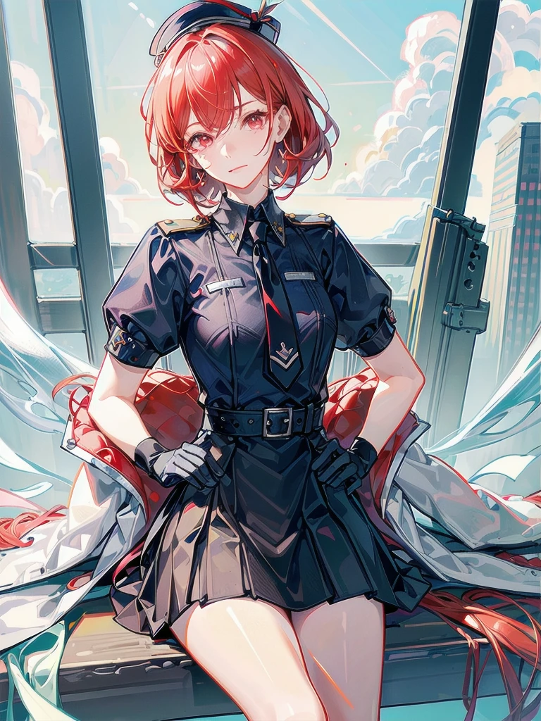 policewoman uniform, light blue short sleeved shirt, navy necktie, high waisted miniskirt, belt, white gloves, police hat, handcuffs, absurdres, RAW photo, extremely delicate and beautiful, masterpiece, Best Quality, ultra high resolution, 32k, hyperrealistic, ultra-detailed, detailed description, pale skin, 20 years old, tearful mole, earring, short medium hair, wavy hair, whole body shot, legs, Redhead, Red eyes,