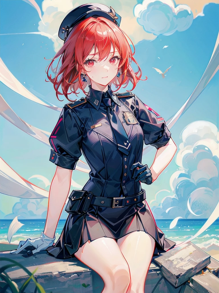 policewoman uniform, light blue short sleeved shirt, navy necktie, high waisted miniskirt, belt, white gloves, police hat, handcuffs, absurdres, RAW photo, extremely delicate and beautiful, masterpiece, Best Quality, ultra high resolution, 32k, hyperrealistic, ultra-detailed, detailed description, pale skin, 20 years old, tearful mole, earring, short medium hair, wavy hair, whole body shot, legs, Redhead, Red eyes,