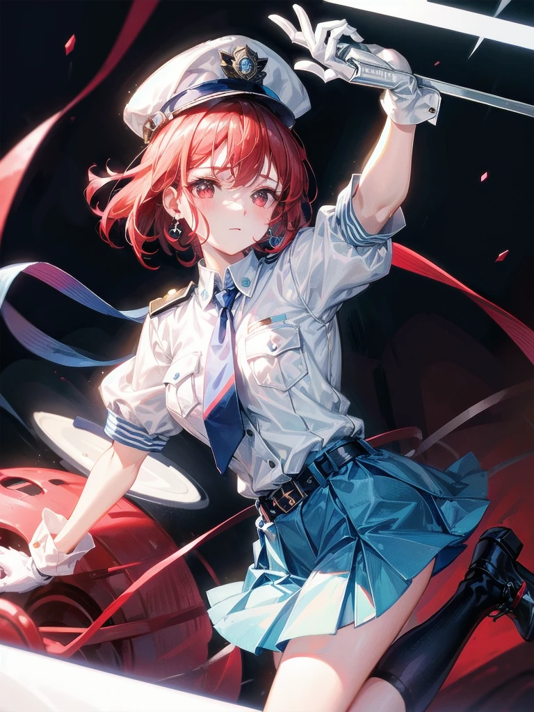 policewoman uniform, light blue short sleeved shirt, navy necktie, high waisted miniskirt, belt, white gloves, police hat, handcuffs, absurdres, RAW photo, extremely delicate and beautiful, masterpiece, Best Quality, ultra high resolution, 32k, hyperrealistic, ultra-detailed, detailed description, pale skin, 20 years old, tearful mole, earring, short medium hair, wavy hair, whole body shot, legs, Redhead, Red eyes,