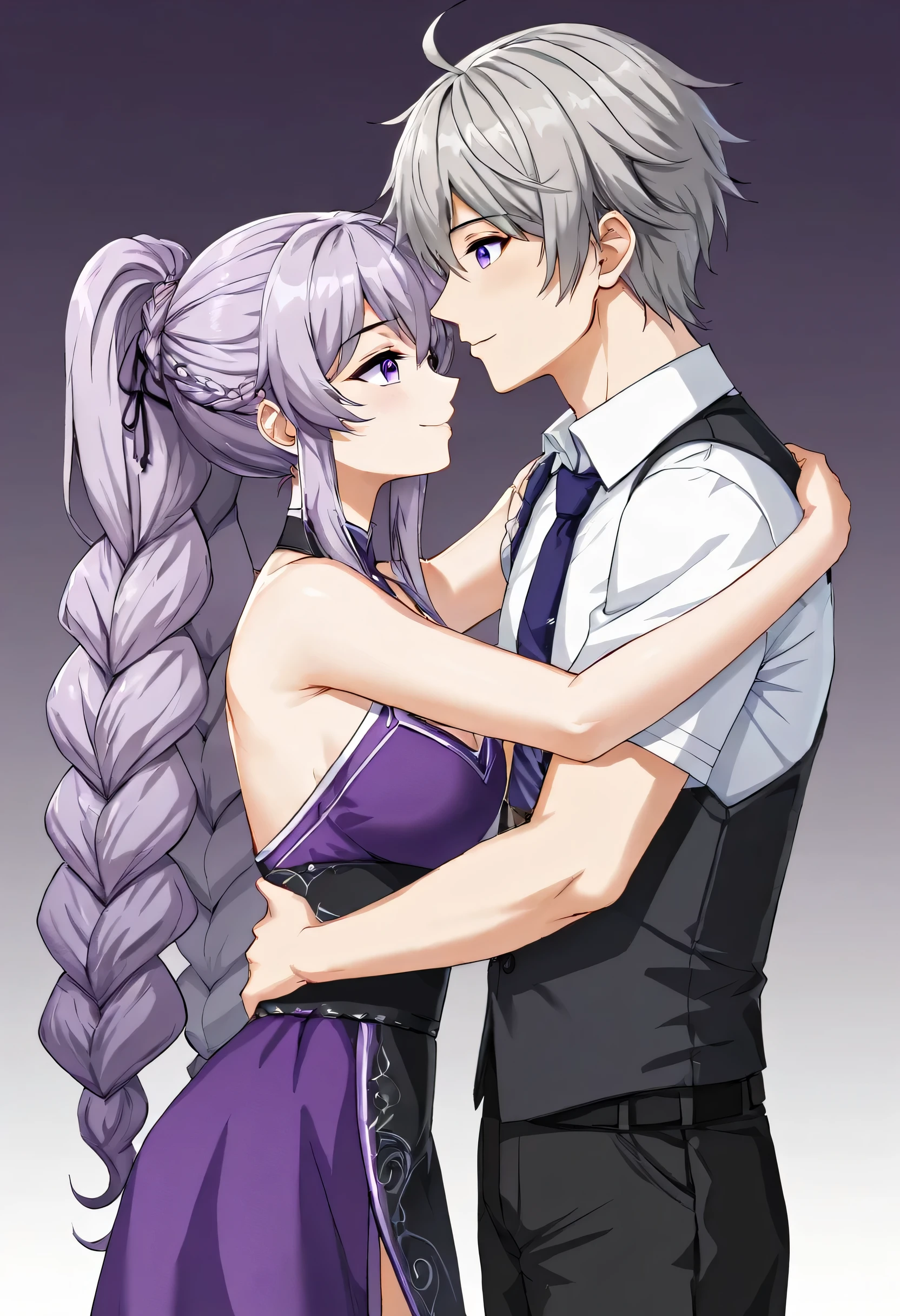 Inji,1 girl,1 boy，Embrace,purple_hair,purple_eye,very_length_hair,gray_hair,Braiding_ponytail,Big Target_chest,slope_hair,