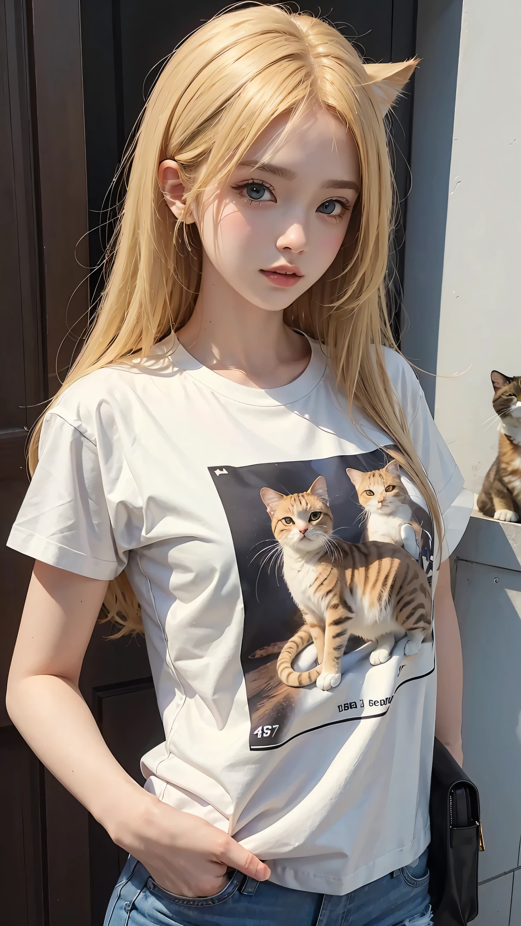 Masterpiece, best quality, super fine, 16k, medium hair, blonde color hair, T-shirt with cat illustration,