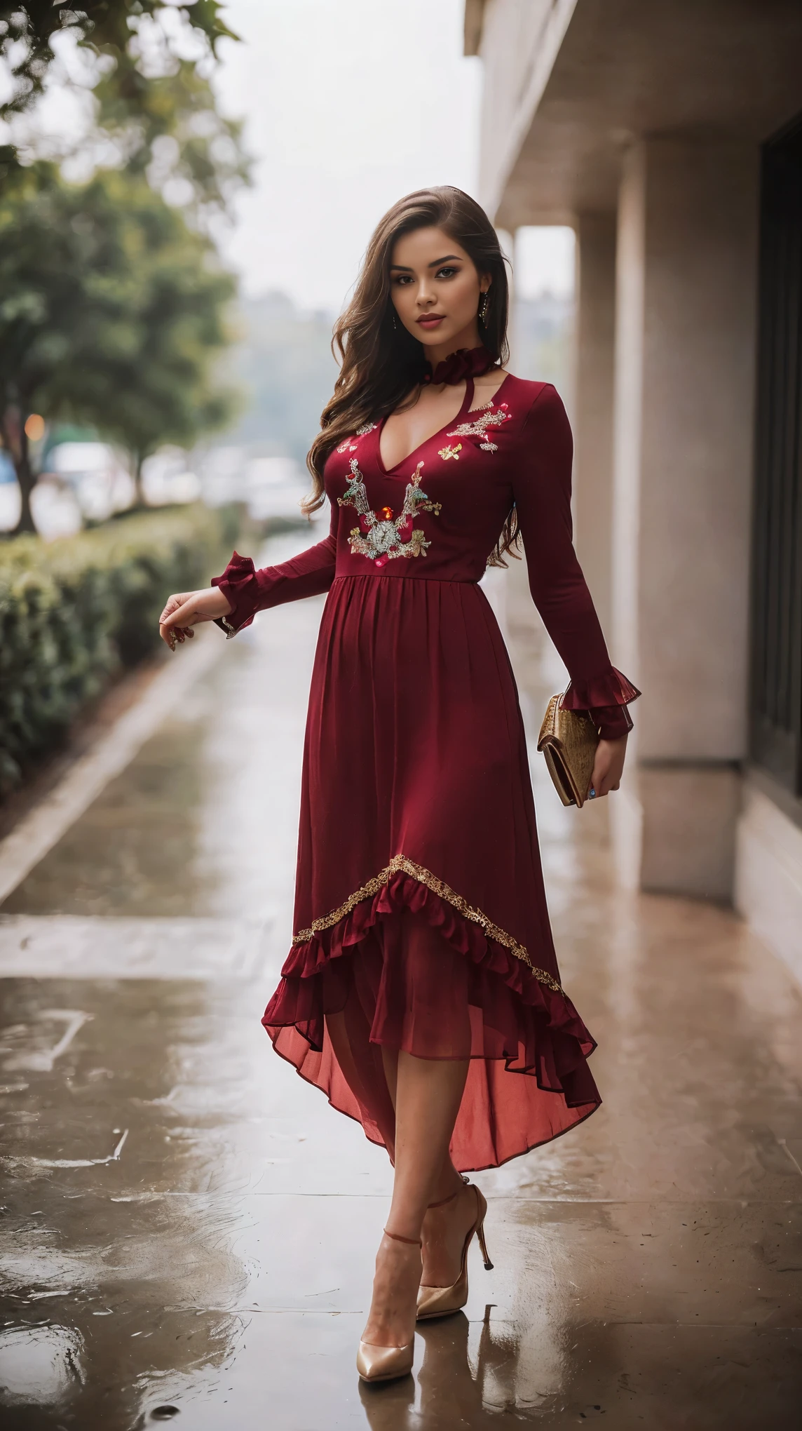 ((girl takes a umbrella in hand, outdoor activities, outdoor, luxurious outdoor city, luxurious place,),
(((Full body shot))), (wide standing position), (looking at viewers, front view shots, wide angle view), (masterpiece, hyper_realistic, hyper_detailed, photorealists, photo_realism), 20 years old lady, 16k, FHD, UHD, high quality pictures, extremely detailed, candid brightness, candid shots, (iconic picture shot, perfect brightness, perfect contrast, perfect colour), (pretty face, iconic face), (detailed face, detailed eye, detailed lips, detailed neck, ultra realistic face, ultra realistic eye, ultra realistic lips), (attractive hair style, hair style), (sagging perky breasts, perfect rounded breasts, attractive breasts, perfect breasts shape), (attractive body figure, perfect body figure, perfect figure, curvy_figure, hourglass_figure), (embroidery High heels, fancy high heels, iconic heels),
(((Masterpiece luxurious maxi), (embroidery fancy maxi), (ruffled red maxi), (ruffled maxi), ruffled flared maxi, bottom ruffled maxi, long skinny sleeves, fancy ruffled neck)). , ,